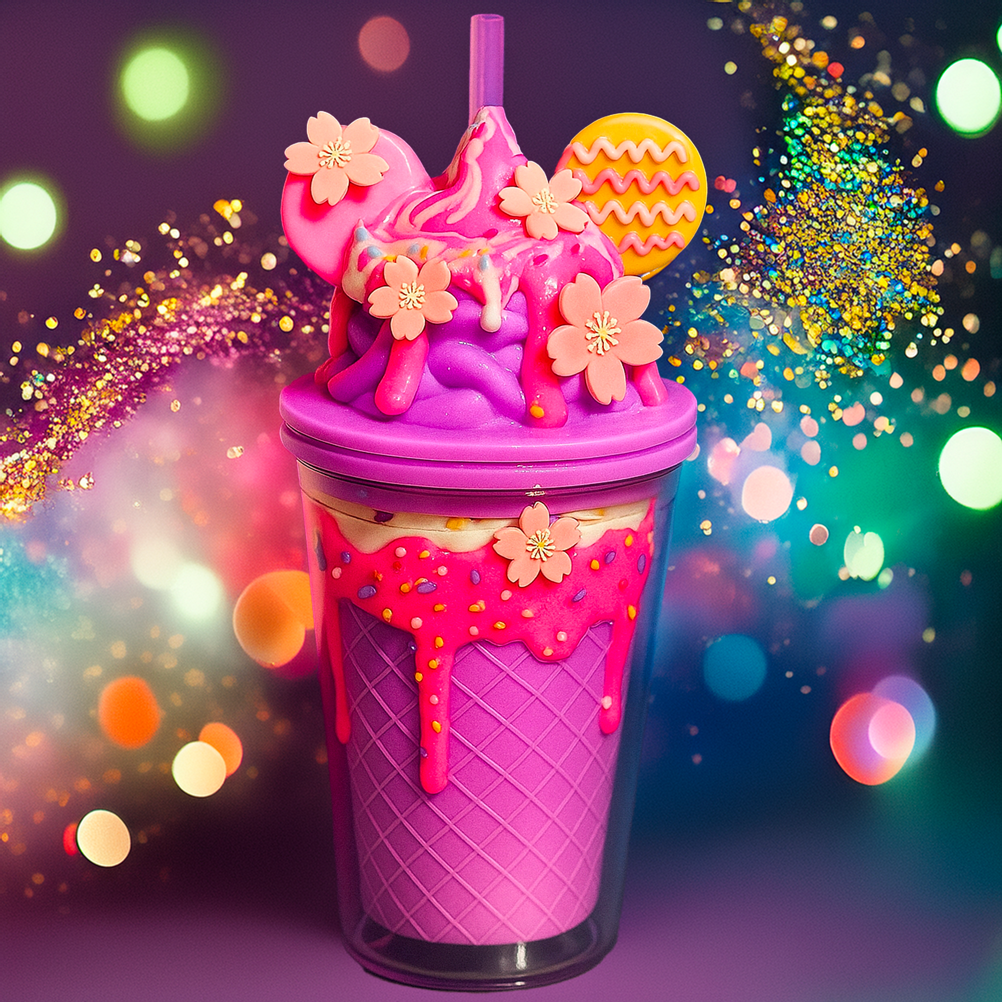 Bamba Blush and Bloom Sundae Tumbler with lavender waffle cone base, pink frosting drip, sprinkles, floral blossoms, pastel swirl topping, and cookie ears.