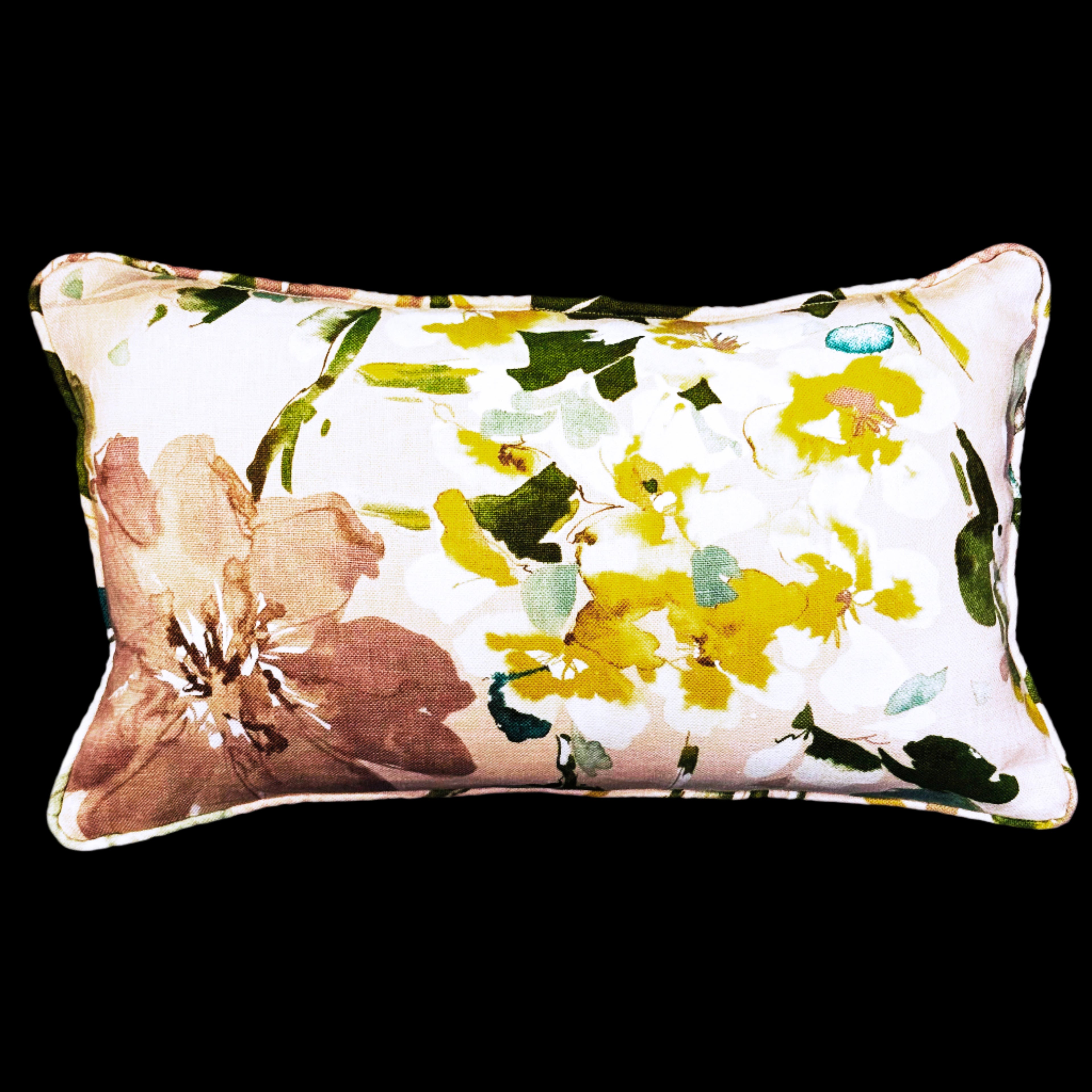 Bespoke Oblong Cushion featuring Teal, Green & Gold Watercolour floral print.