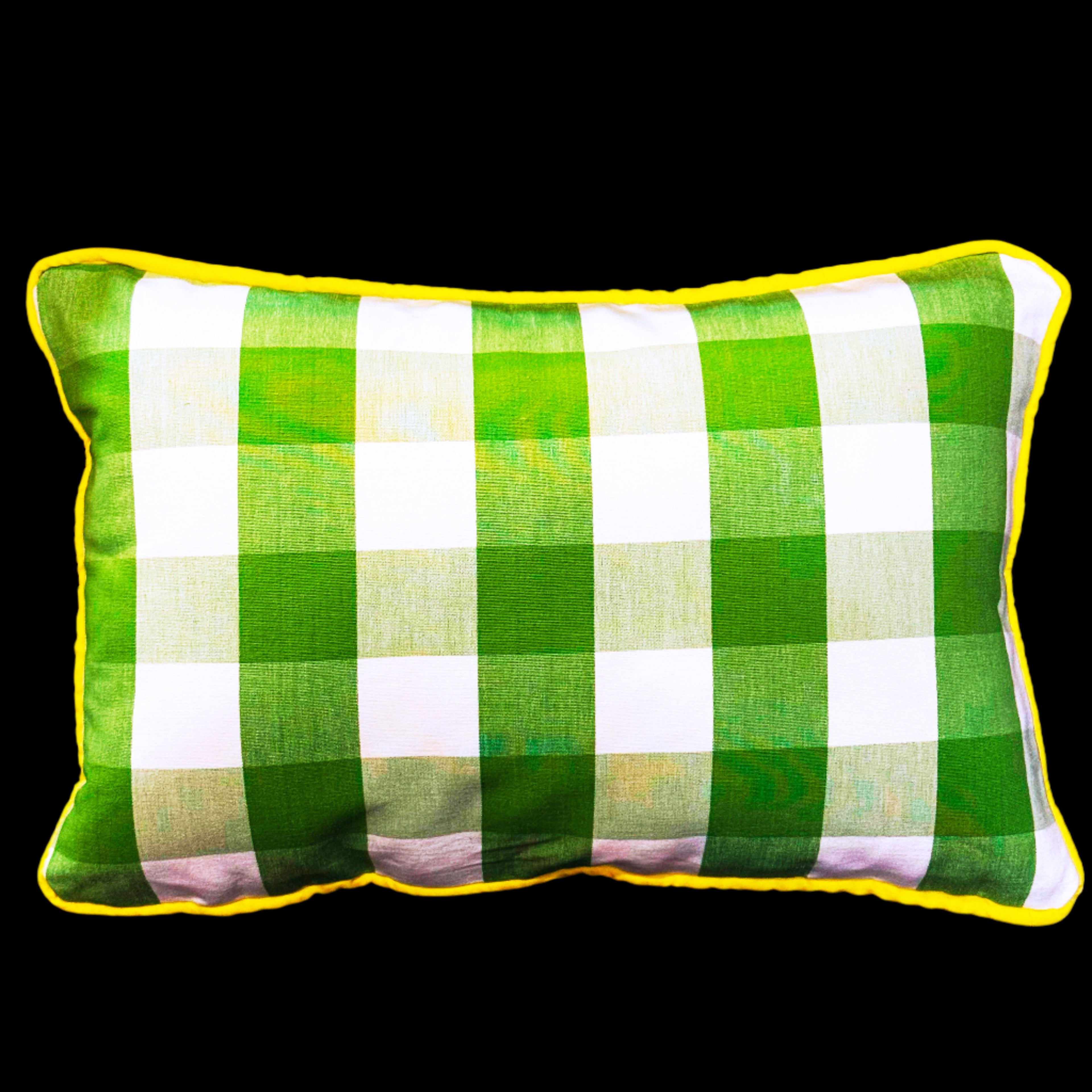 Bespoke Oblong Scatter Fresh Gingham Green and White Check Pillow with Bright Yellow Piping