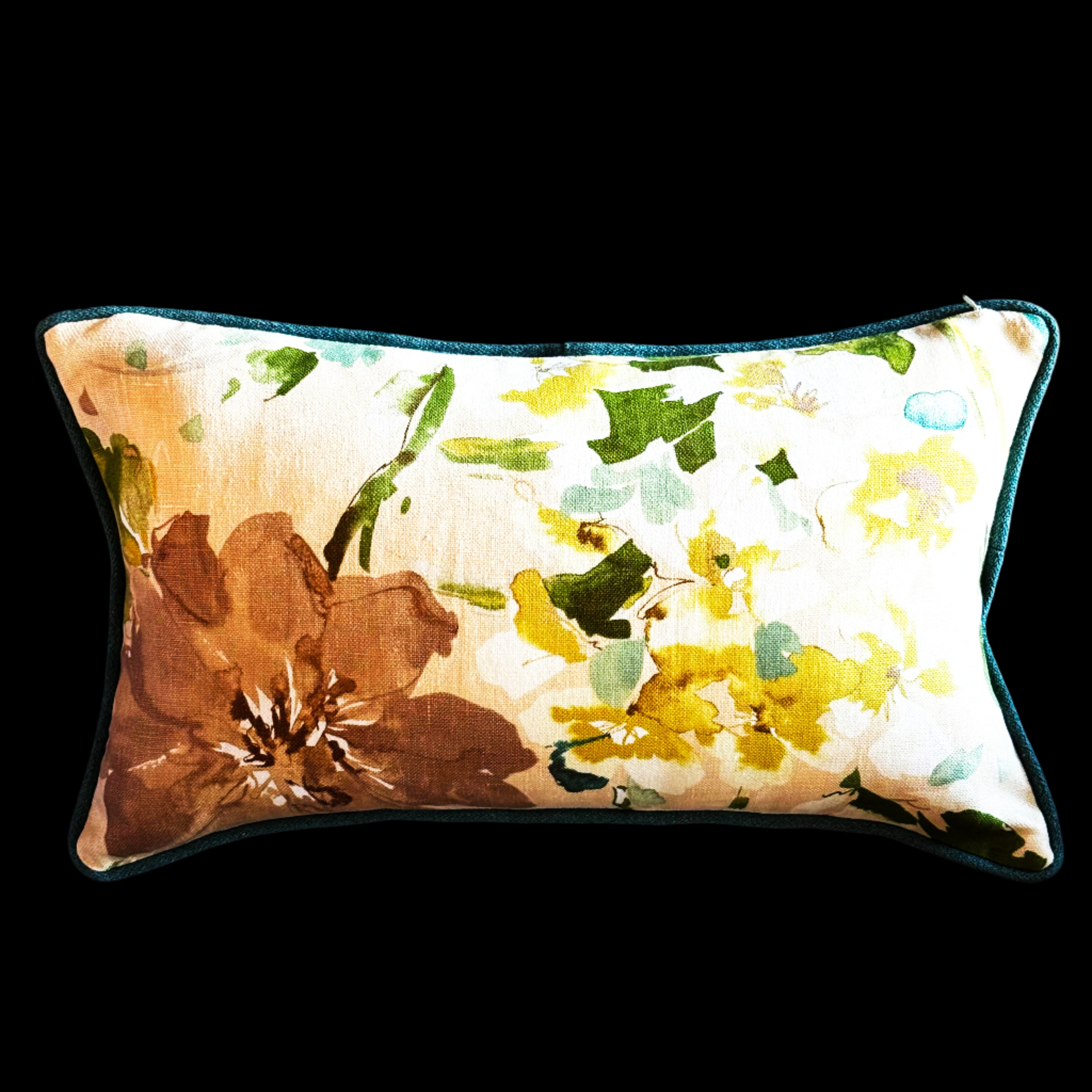 Bespoke Oblong Cushion featuring Teal, Green & Gold Watercolour floral print.