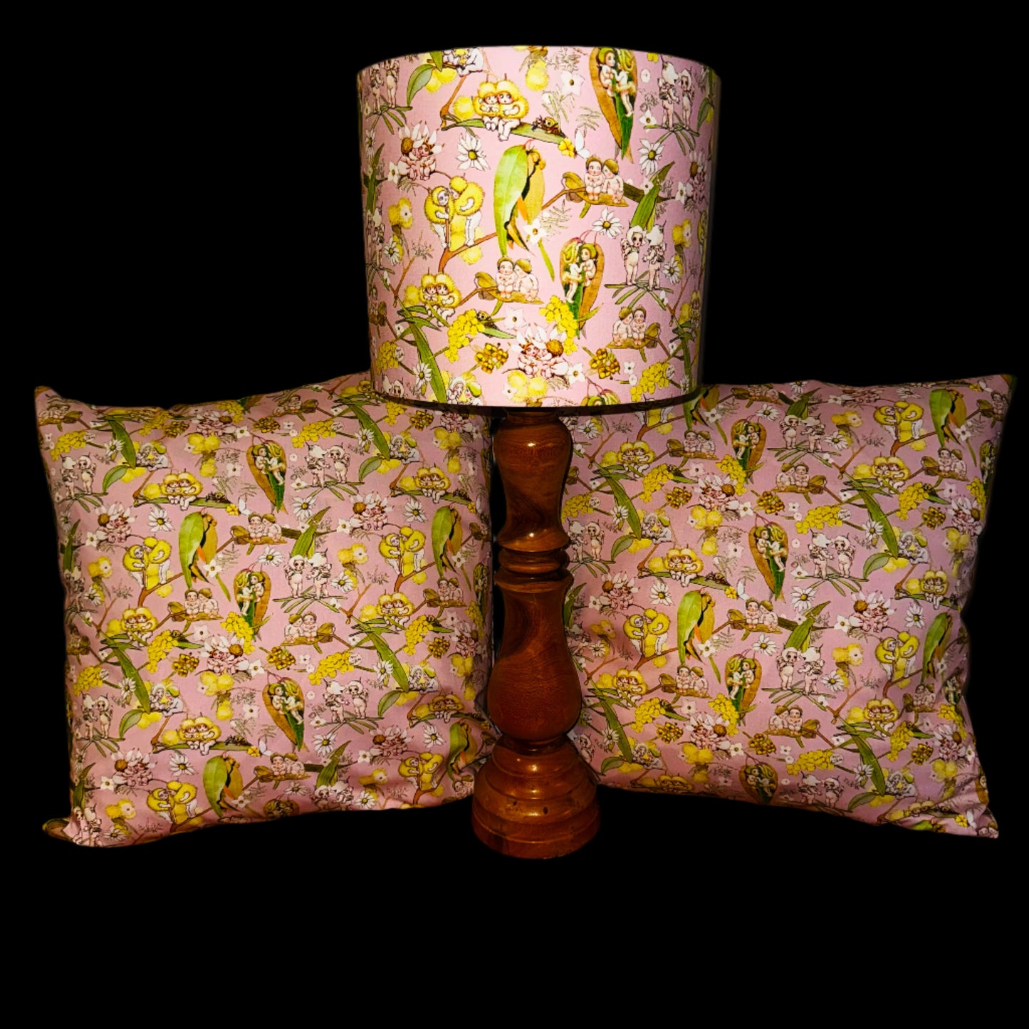 The Pink Gumnut Babies - Themed Pillow Pair & Drum Lampshade Set