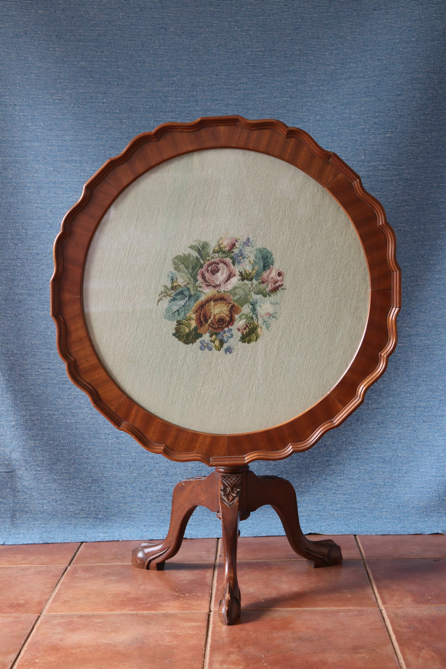 Tilt-top Table With Needlepoint Floral Motif