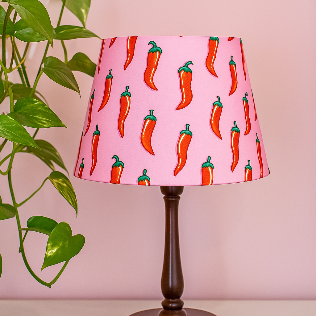 Lamp with pink shade featuring chili pepper pattern on a pink background