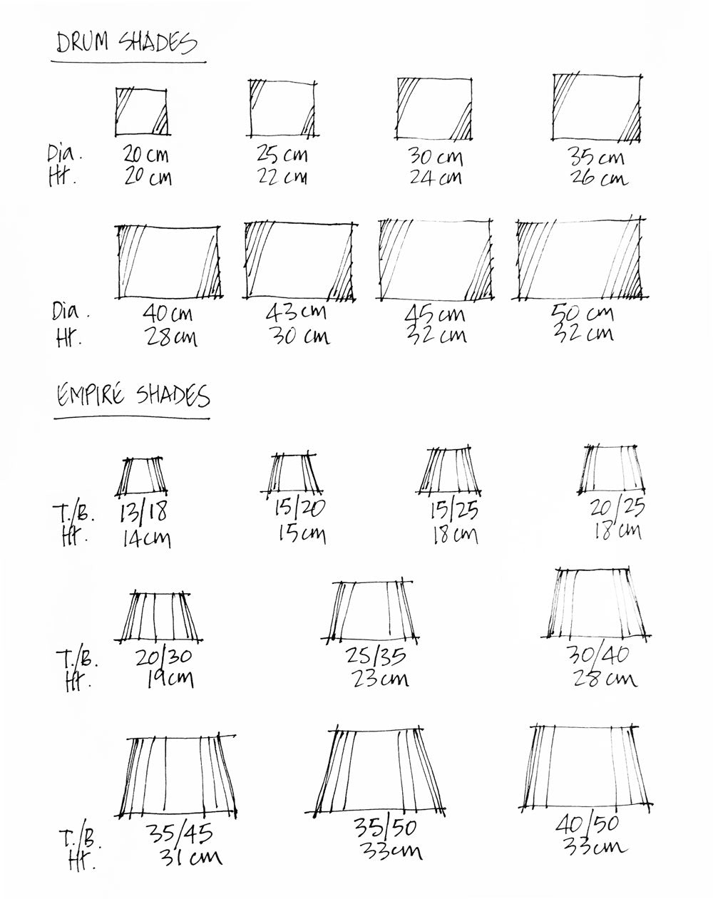 Standard lampshade size chart for Drum and Empire Shades with Luxe & Humble's bespoke lampshade service.