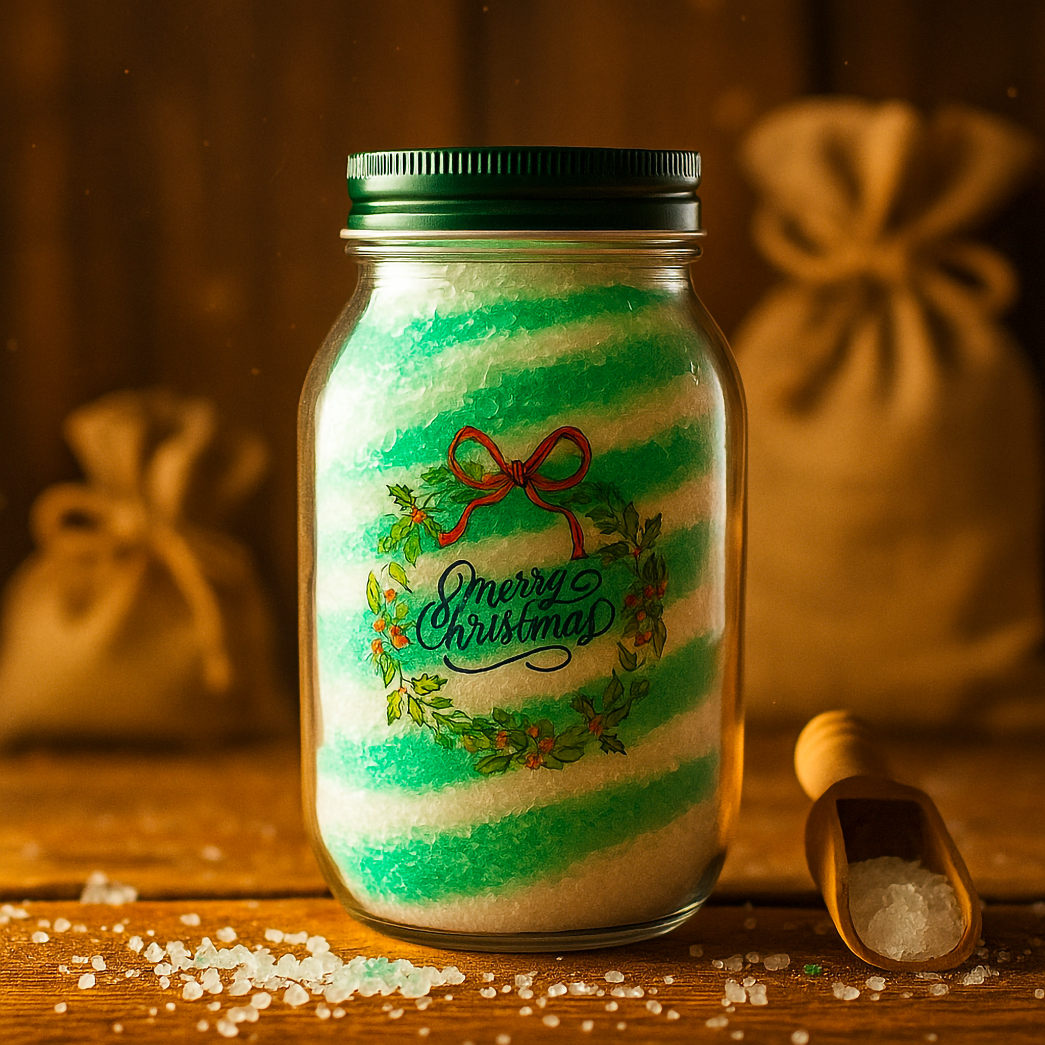 Handcrafted Australian bath salt by Luxe & Humble, layered in green and white mineral salts with a “Merry Christmas” wreath label, scented with frankincense, ylang ylang, and may chang.