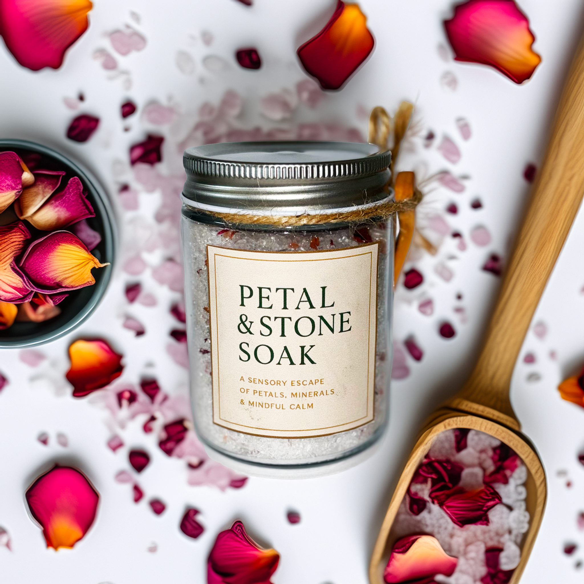 Petal & Stone Soak by Luxe & Humble — handcrafted 900g Australian bath salts in glass jar with wooden scoop, surrounded by rose petals and mineral crystals. A natural self-care soak designed for relaxation, mindfulness, and luxury home spa rituals.