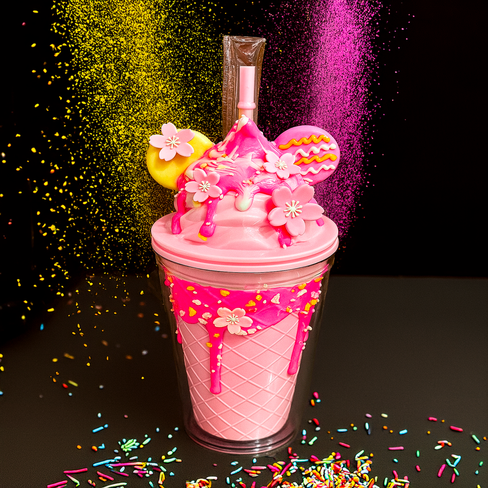 Pink Sugar Bloom Swirl Sundae Tumbler with pink waffle cone base, frosting drip, floral blossoms, sprinkles, and pastel cookie ears.