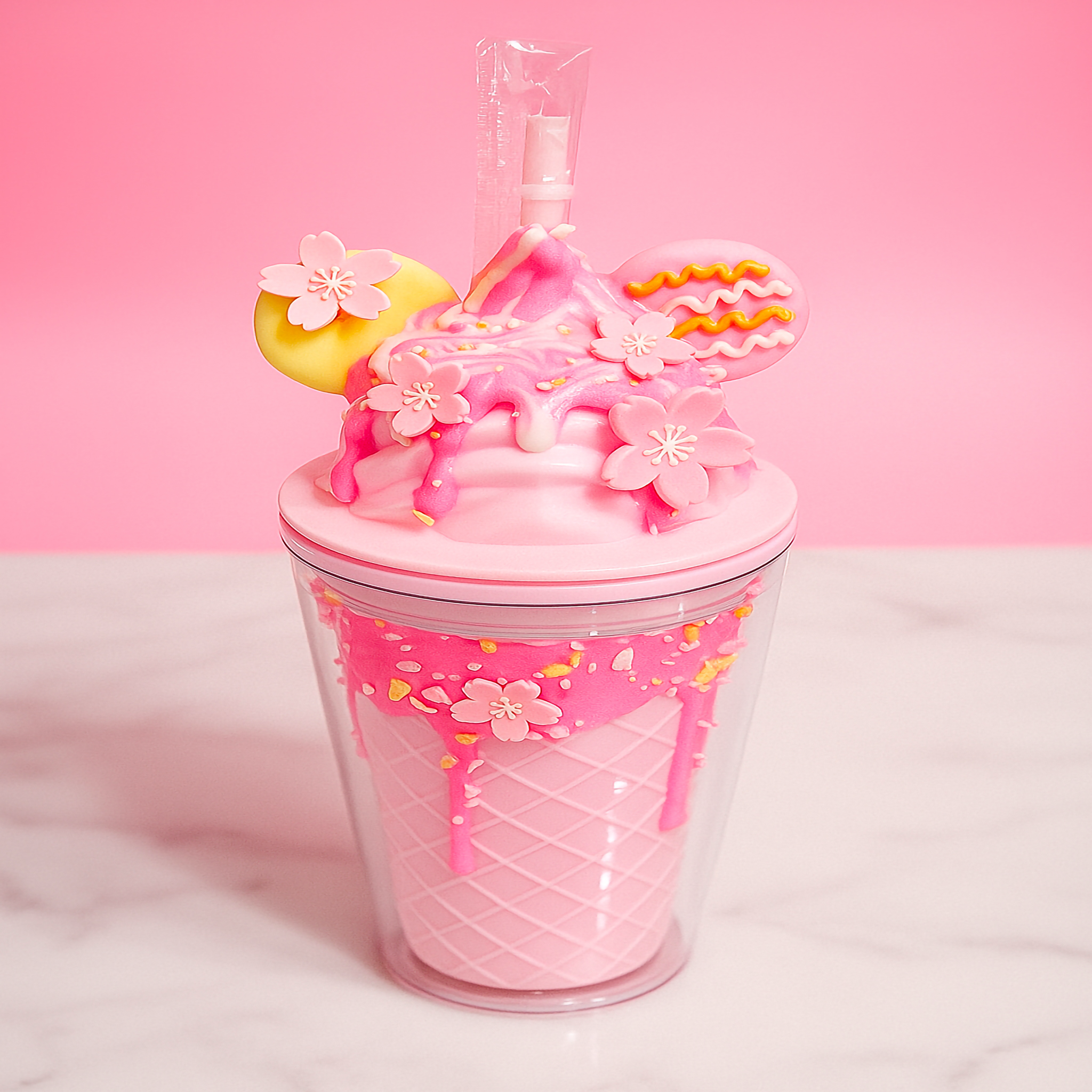 Pink Sugar Bloom Swirl Sundae Tumbler with pink waffle cone base, frosting drip, floral blossoms, sprinkles, and pastel cookie ears.