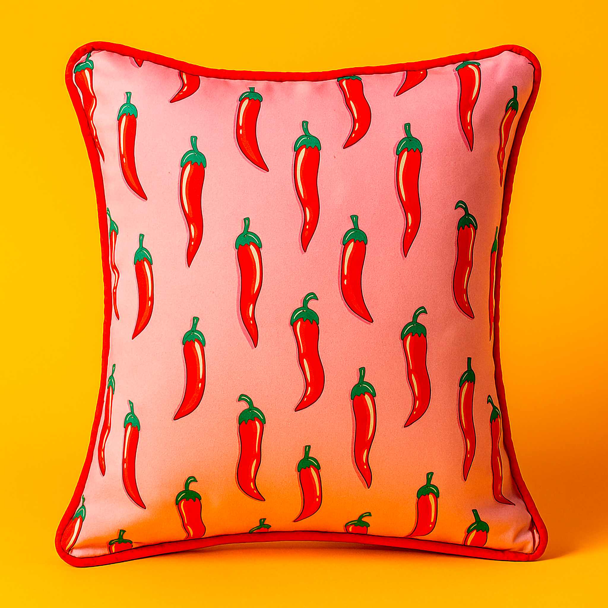 Decorative pink cushion with chili pepper design, bespoke 50 x 50 cm size
