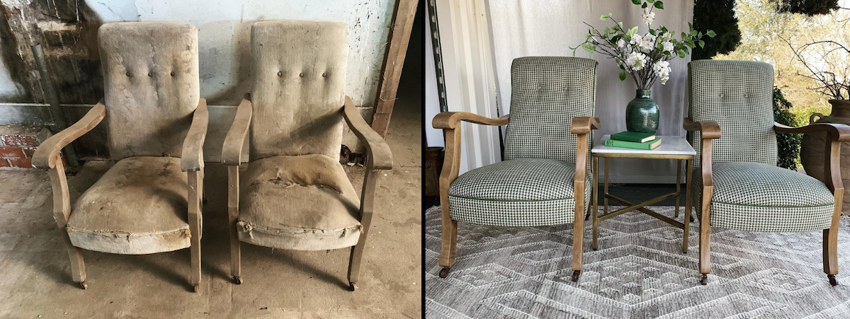On the left is a before photo of these old chairs and on the right an after photo. Luxe & Humble undertook a full timber and upholstery restoration of these beauties.