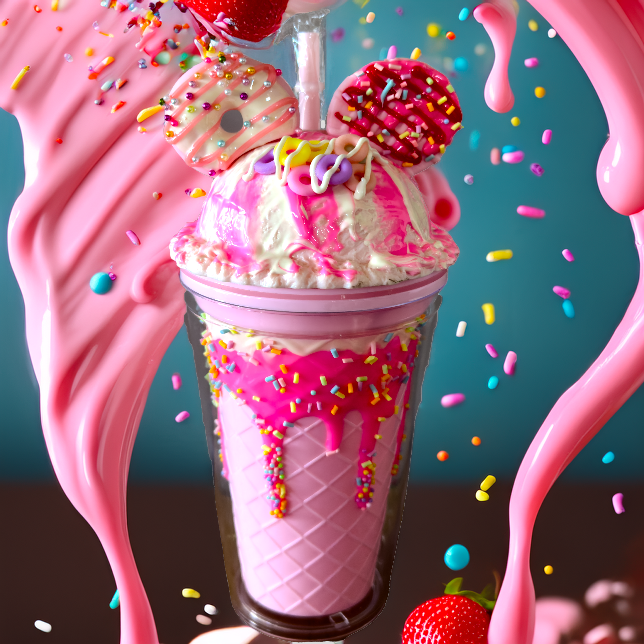 Strawberry Snack Stack Sundae Tumbler with pink waffle cone base, dripping strawberry frosting, rainbow sprinkles, ice cream scoop topper, and cookie ears.