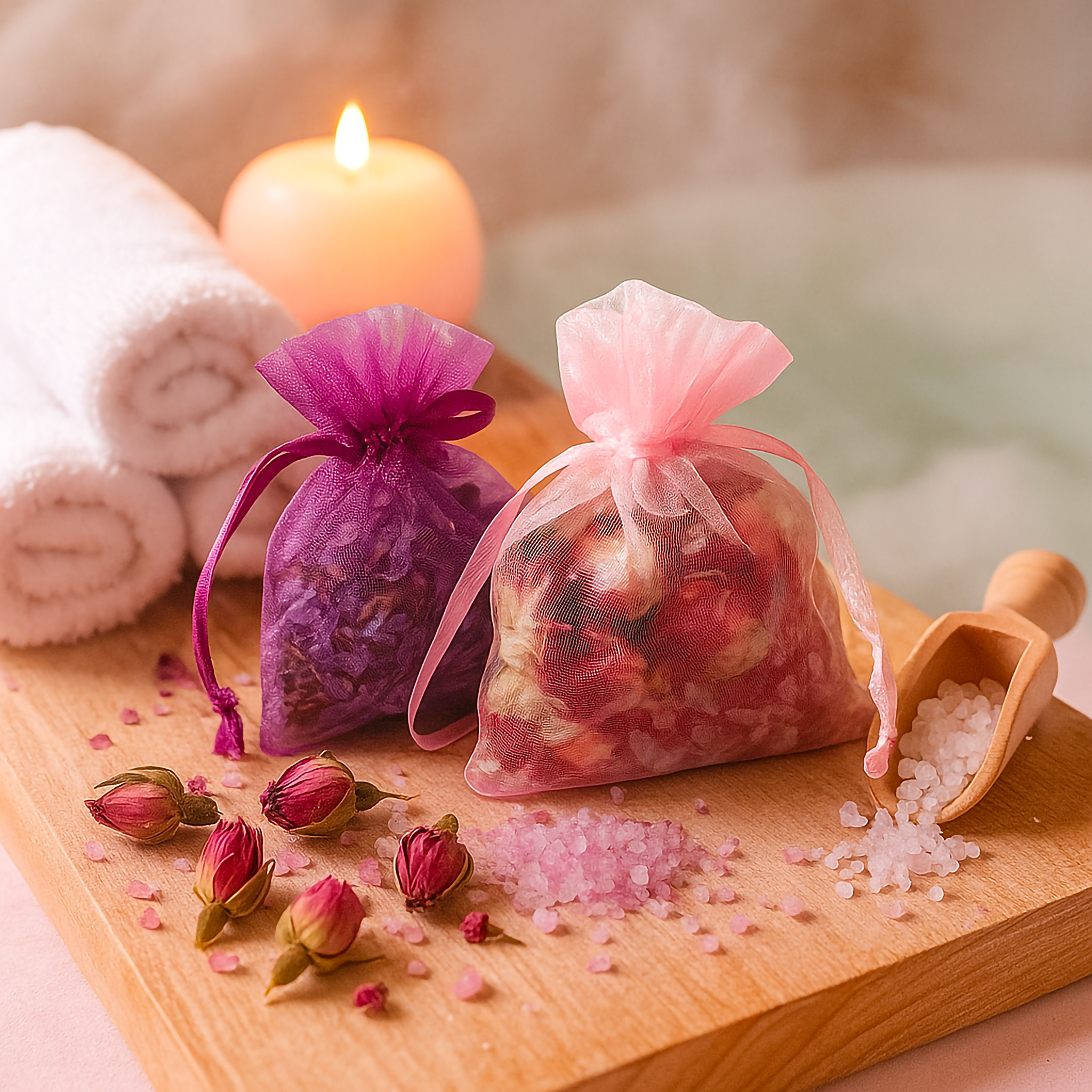 Handcrafted Serenity Sachets by Luxe & Humble — natural Australian aromatherapy pouches filled with dried flowers, rose buds, and mineral salts. Styled beside a candle, soft towels, and bath salts for a calm, luxurious spa setting.