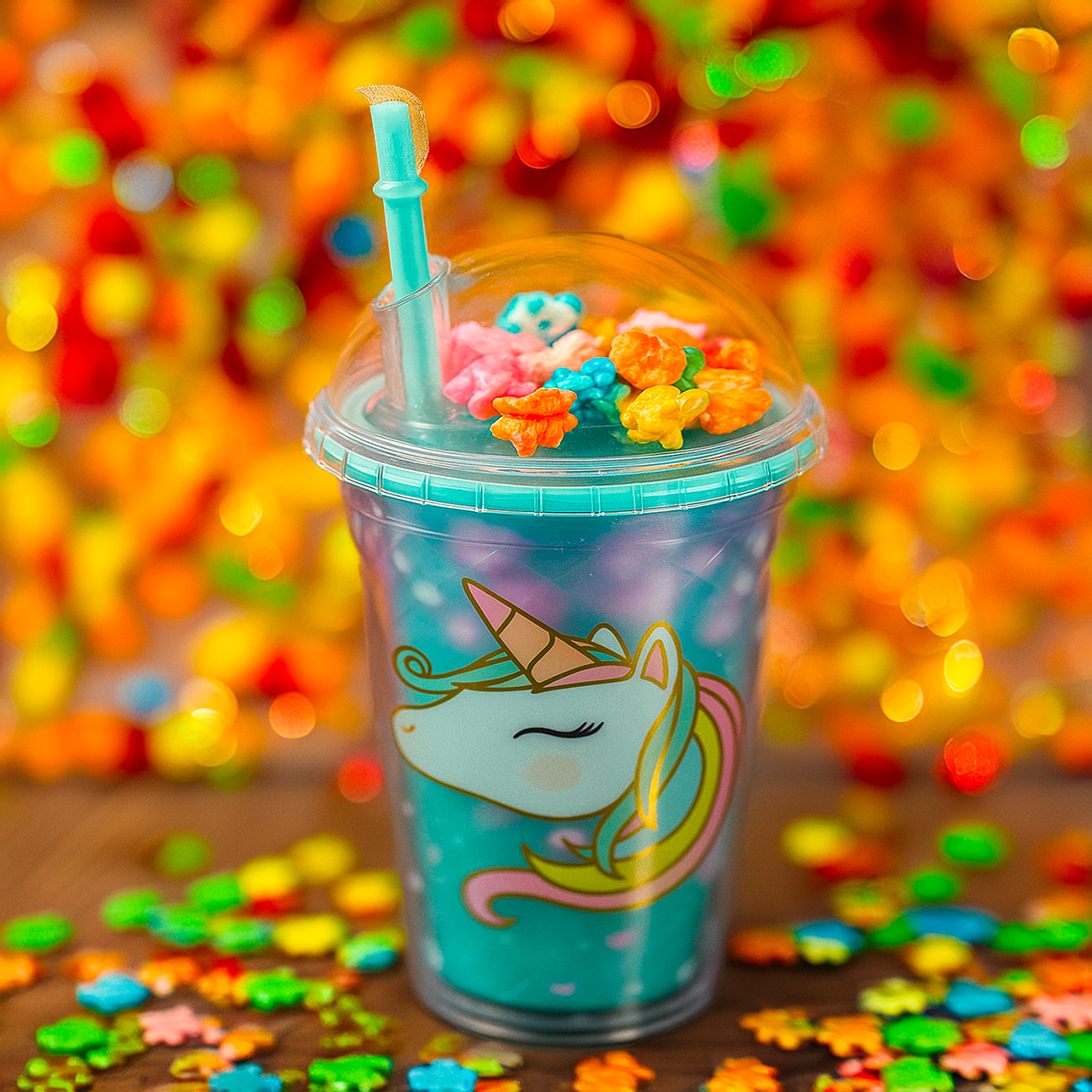 Unicorn Rainbow Crunch Sundae Tumbler with aqua waffle cone base, unicorn print, dome lid filled with rainbow popcorn accents, and reusable pastel straw.