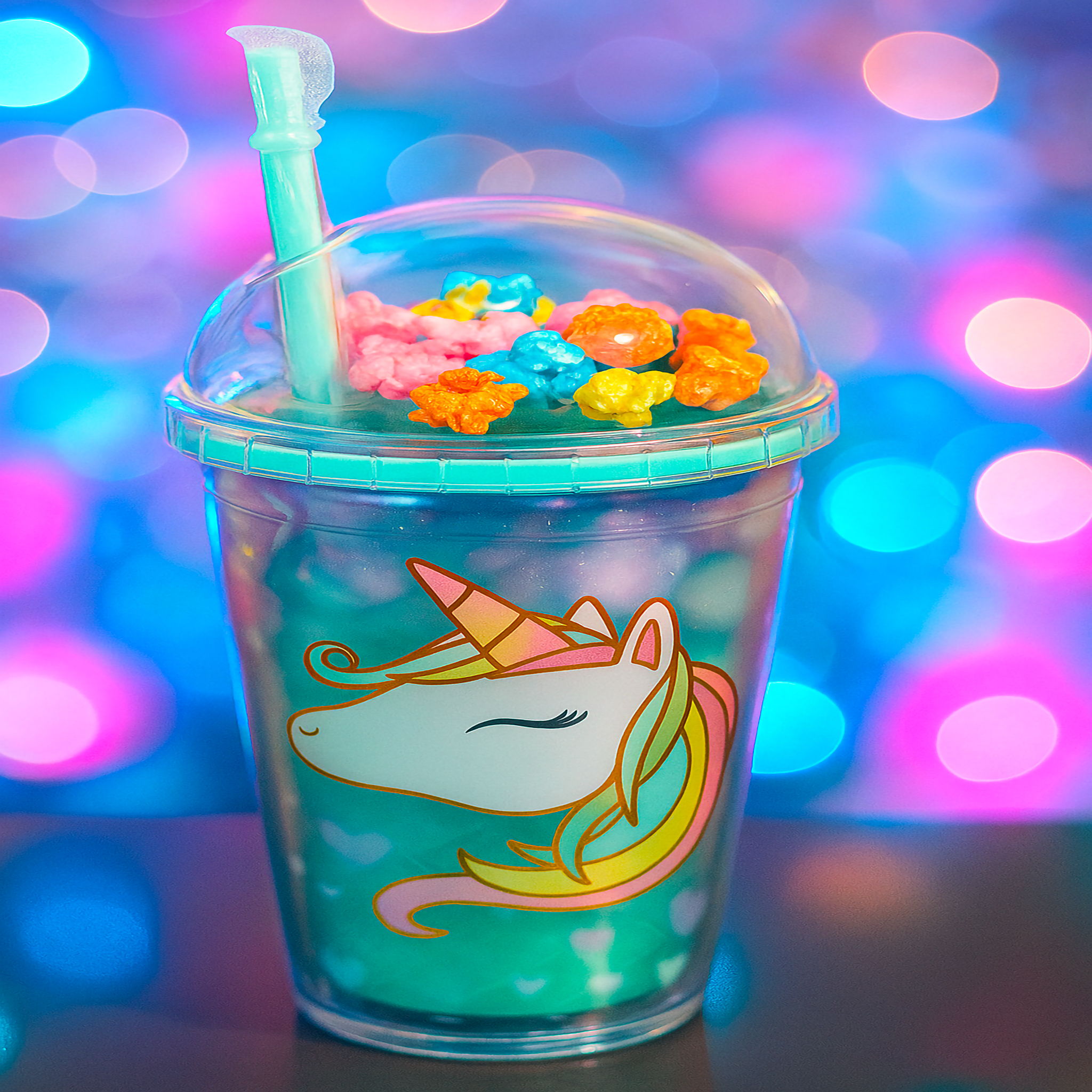Unicorn Rainbow Crunch Sundae Tumbler with aqua waffle cone base, unicorn print, dome lid filled with rainbow popcorn accents, and reusable pastel straw.