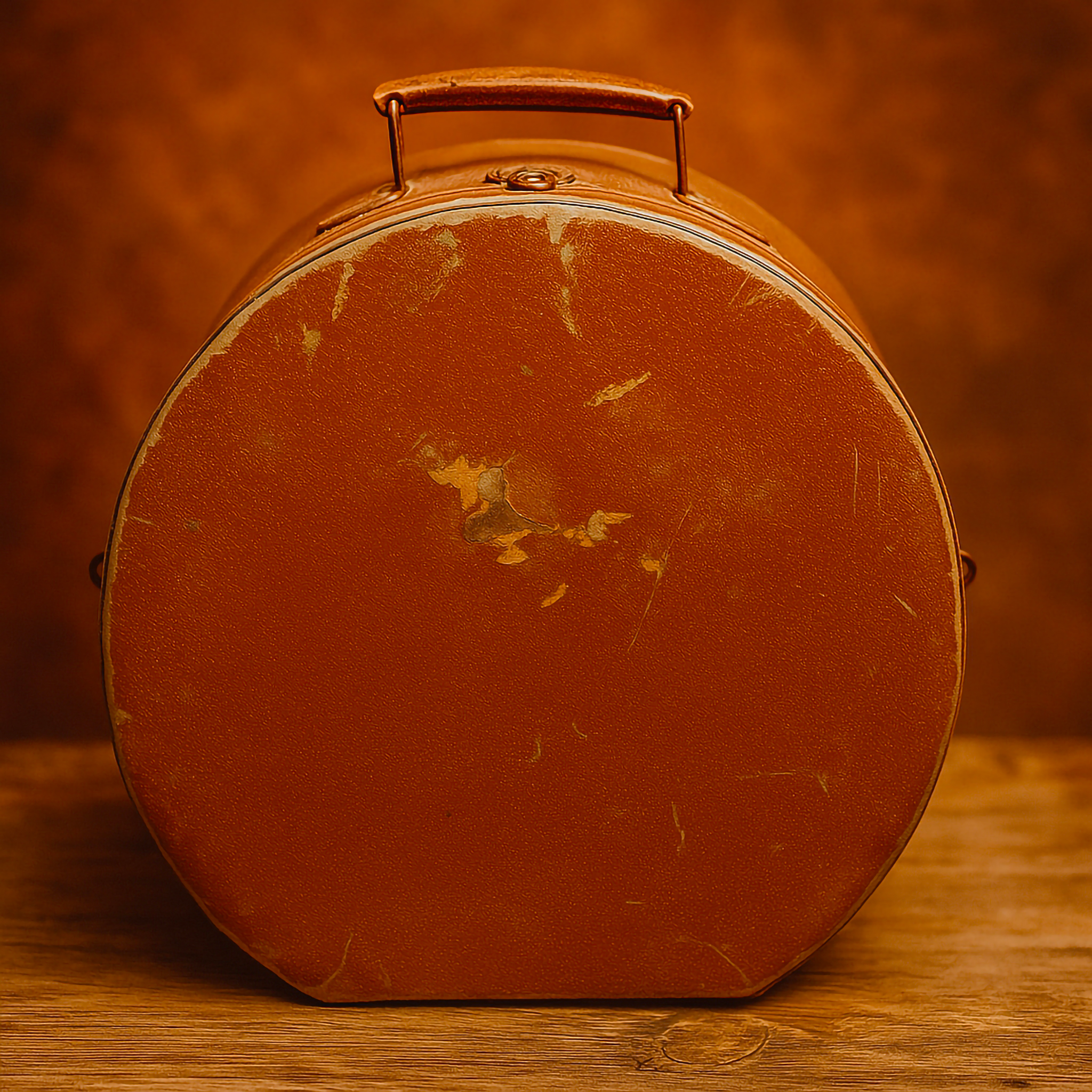 A classic round vintage hat box with leather handle and aged interior lining, styled against a warm brown backdrop. Luxe and Humble collectible décor piece showcasing heritage travel style and antique charm, perfect for Australian homes.