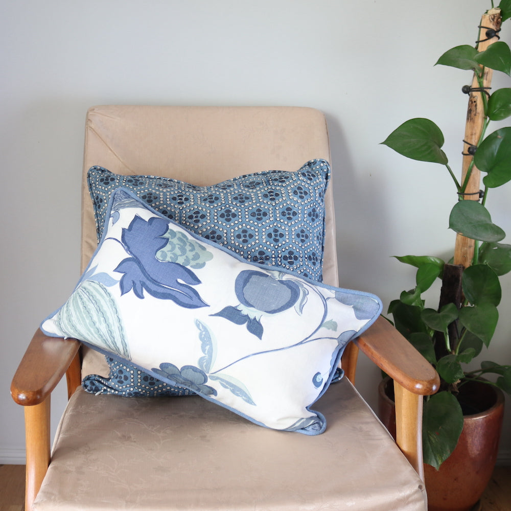 Blue floral 'hampton style' cushion and Ash Block Printing Cushion