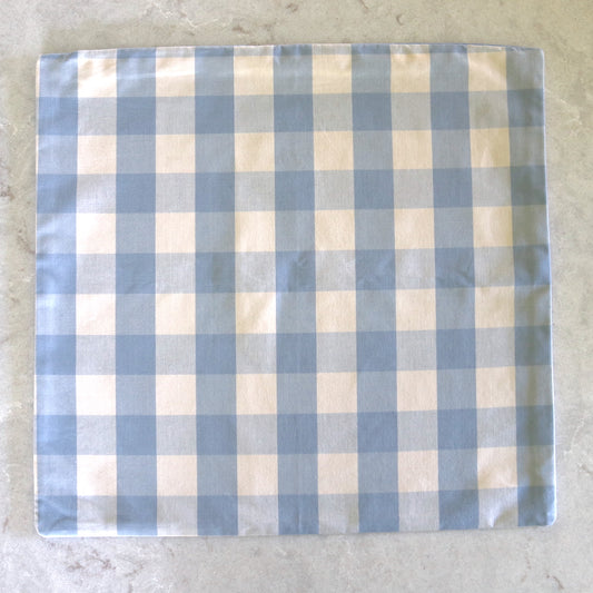 Periwinkle (lavender blue) gingham cushion with a solid periwinkle back