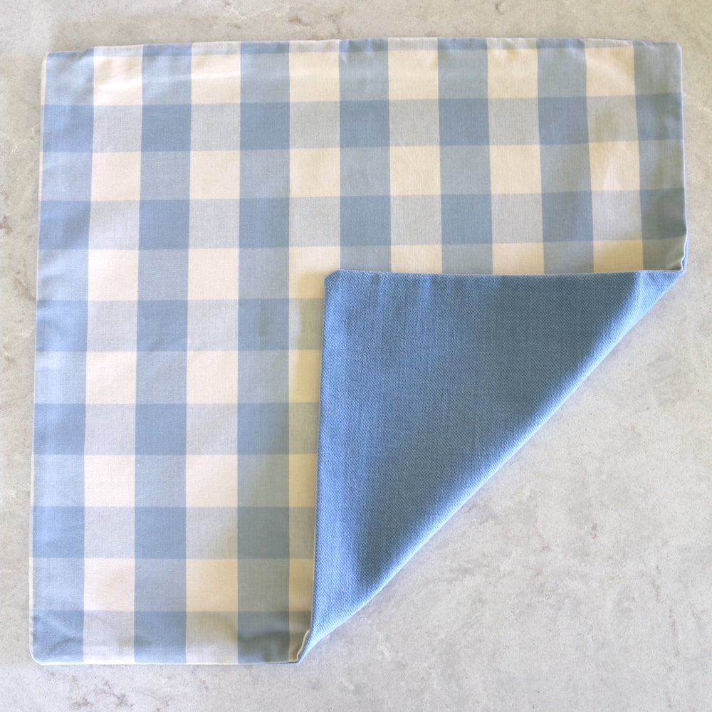 Periwinkle (lavender blue) check cushion with a solid periwinkle back - font & back