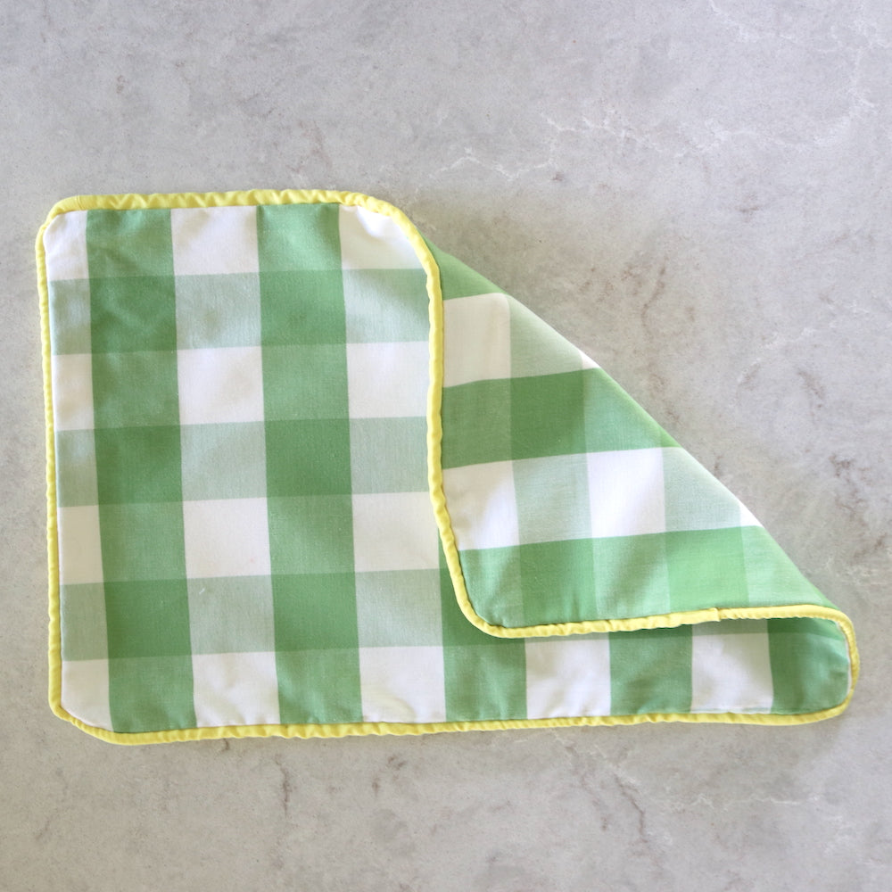 Green gingham cushion with sunshine yellow piping - front & back