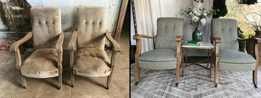 On the left is a before photo of these old chairs and on the right an after photo. Luxe & Humble undertook a full timber and upholstery restoration of these beauties. 