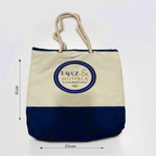 A product image of the Luxe & Humble canvas tote bag showing its exact measurements: 41cm high and 31cm wide. Features natural canvas, navy base panel and rope handles on a clean white background. Ideal for Australian shoppers wanting precise size reference.