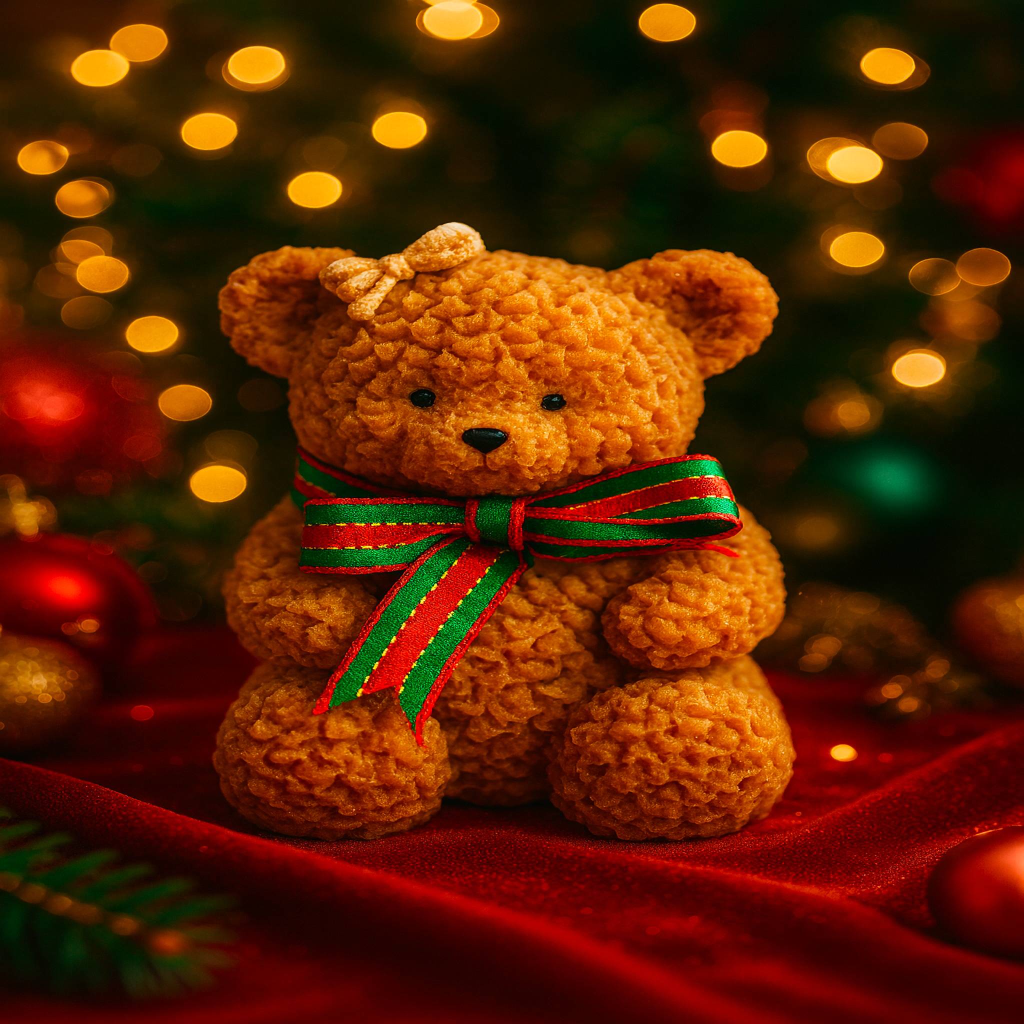 Festive Teddy Bear Christmas Candle with red and green ribbon, luxury holiday décor on red velvet with golden Christmas lights – Luxe & Humble Australia.