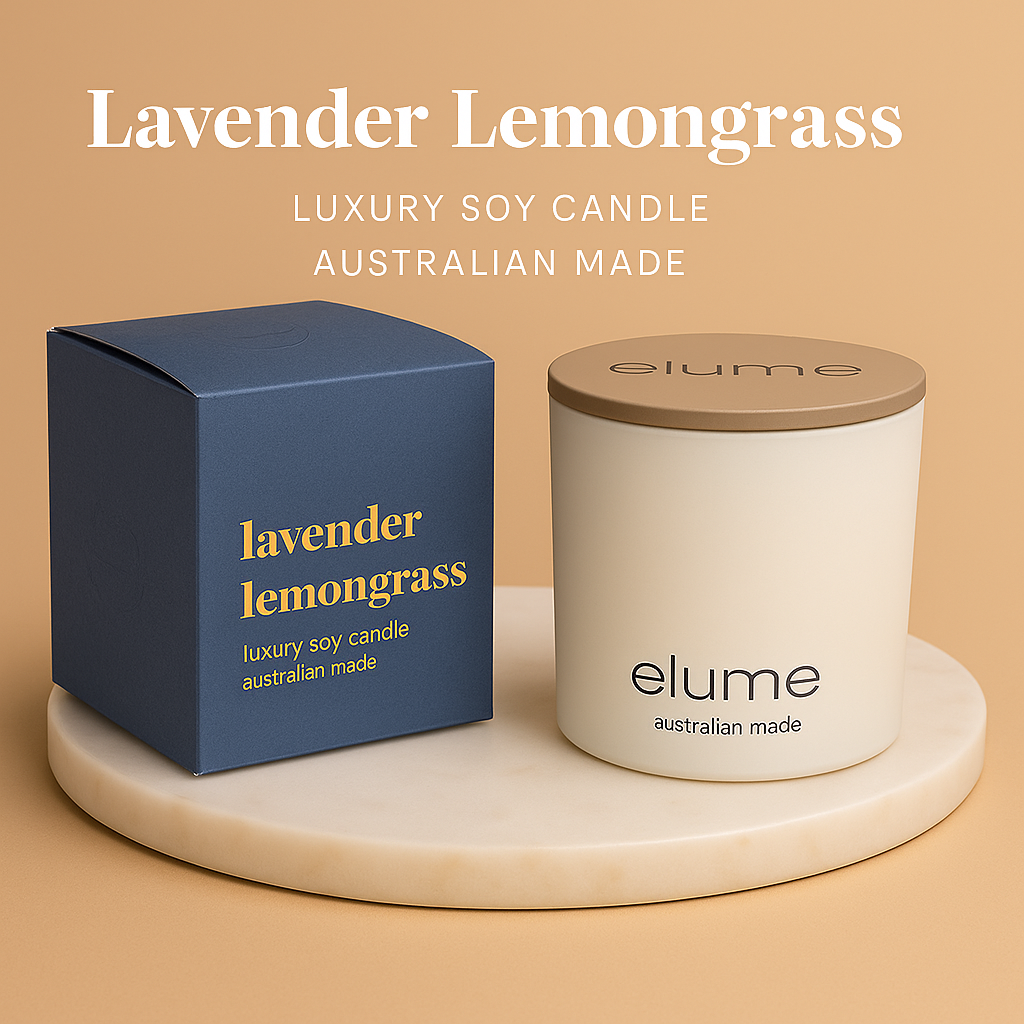 Lavender Lemongrass candle by elume with packaging on a beige background