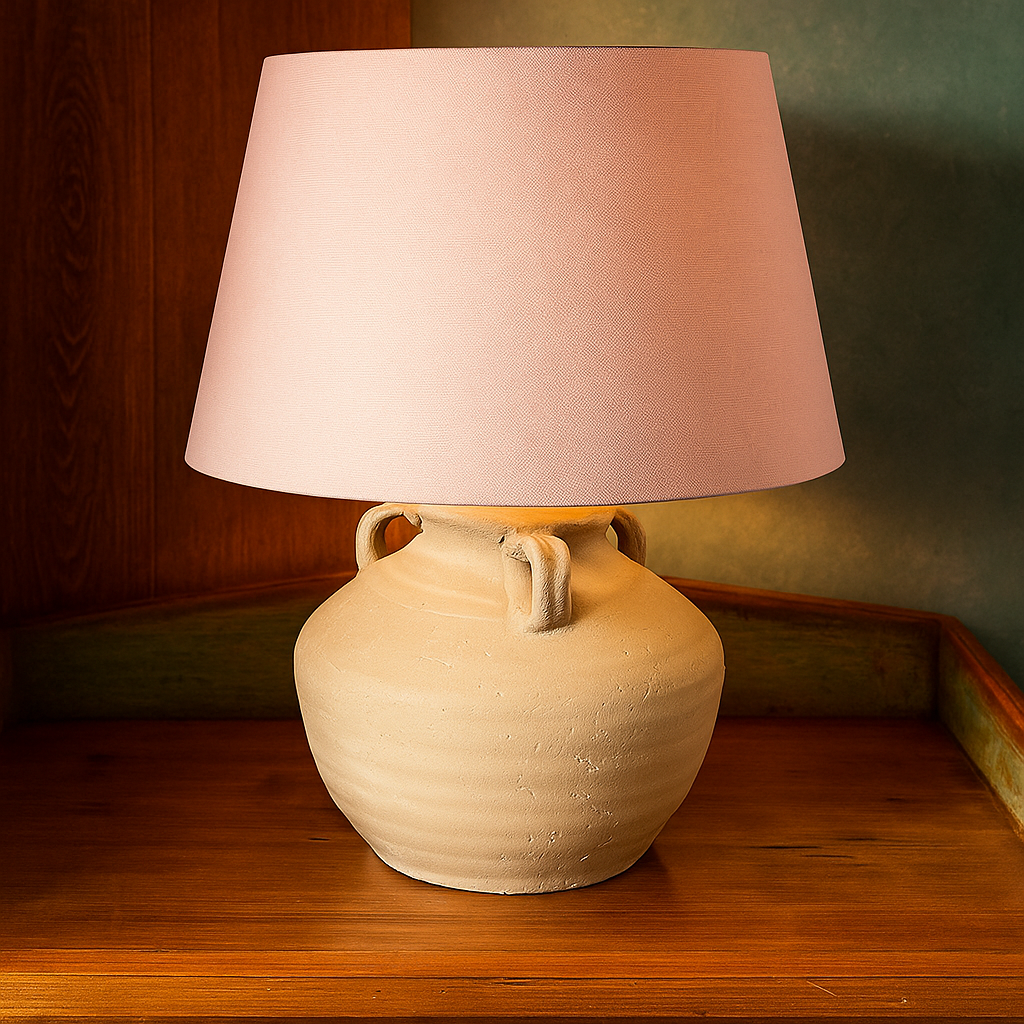 Wabi-Sabi Soft Blush Lampshade casting a calming glow in a cozy, serene room setting, enhancing natural beauty and simplicity.