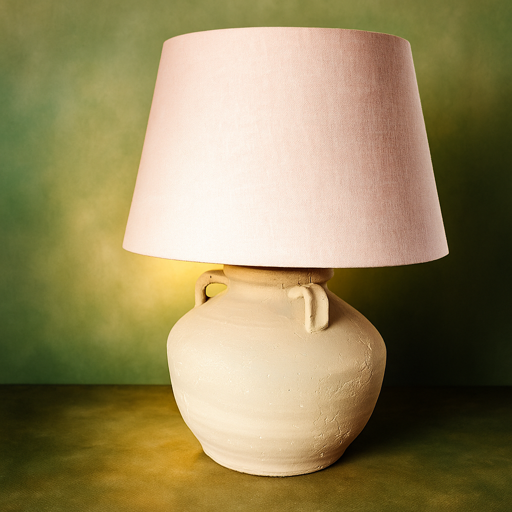 wabi - sabi Table lamp with a pink lampshade on a textured green surface
