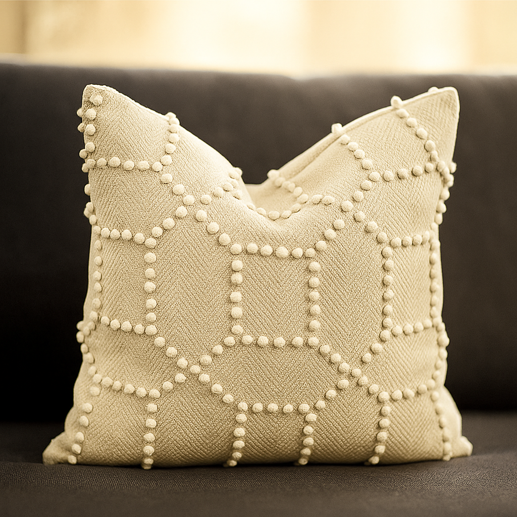 Schumacher Vento Embroidery Bespoke Cushion 50x50 cm featuring intricate white geometric embroidery on a neutral background, adding elegance to home decor.