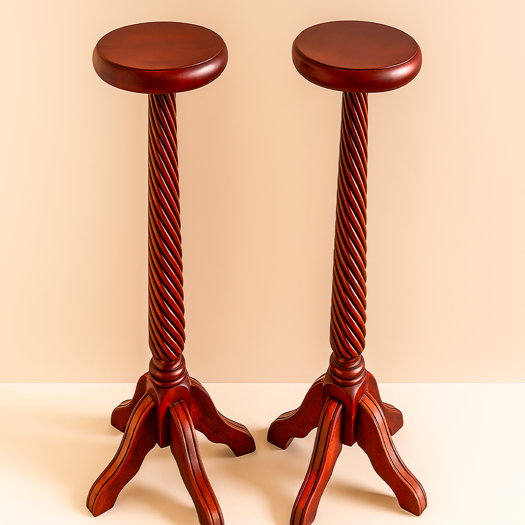 Pair of Jarrah wood plant stands with barley twist design, one tall (1040mm) and one short (130mm), perfect for displaying plants and decor.