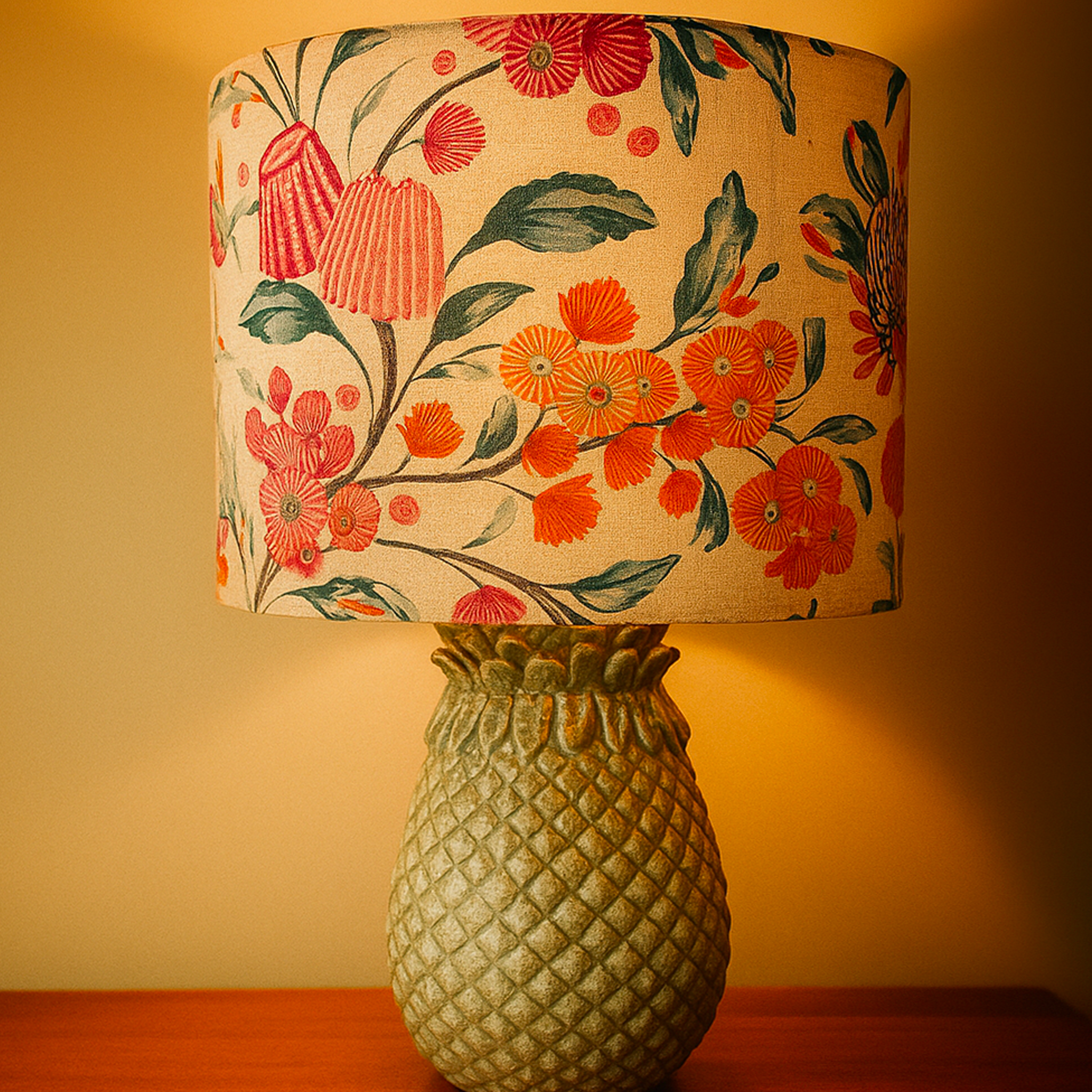 38cm drum lampshade handmade in Melbourne using Warwick Hinterland Spring fabric with pink, apricot, and teal floral design – Luxe & Humble