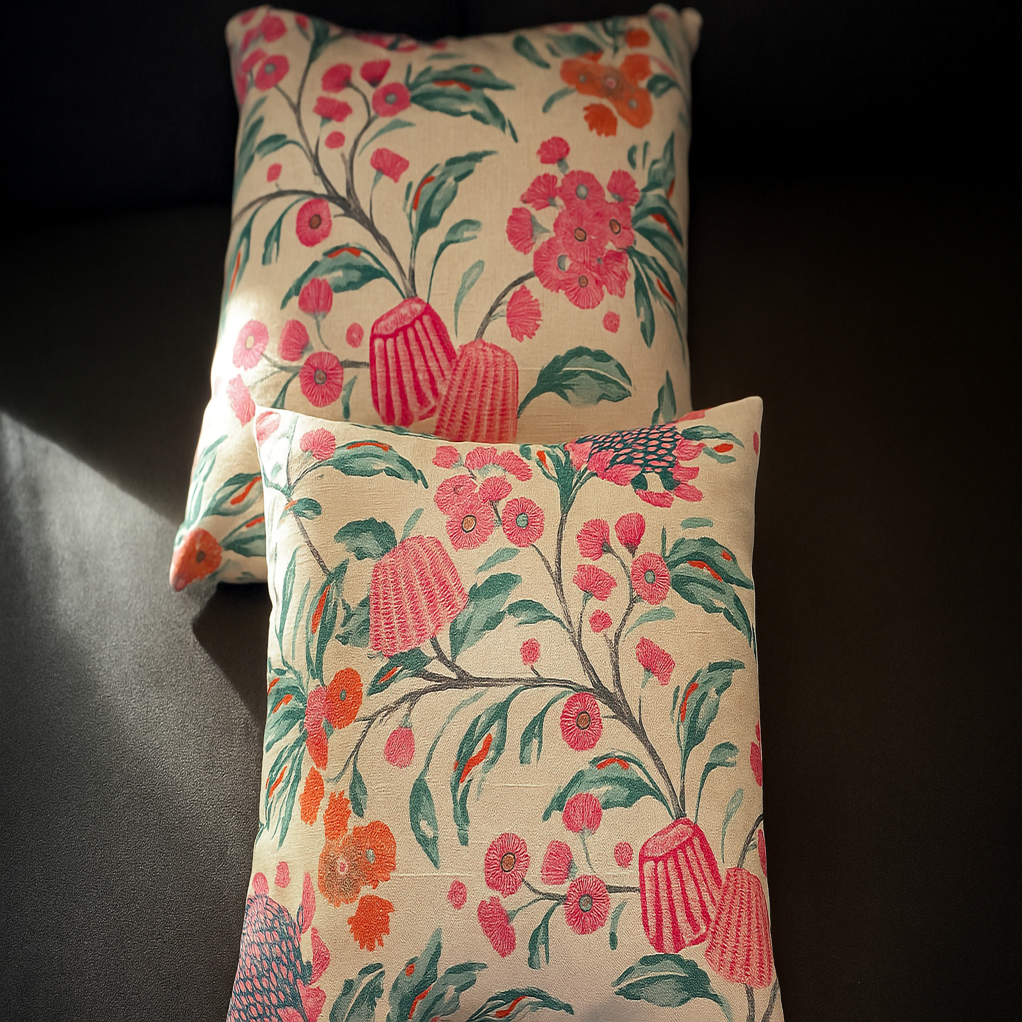Two handmade 50cm cushions in Warwick Hinterland Spring fabric with pink, apricot and teal floral pattern – Luxe & Humble Melbourne
