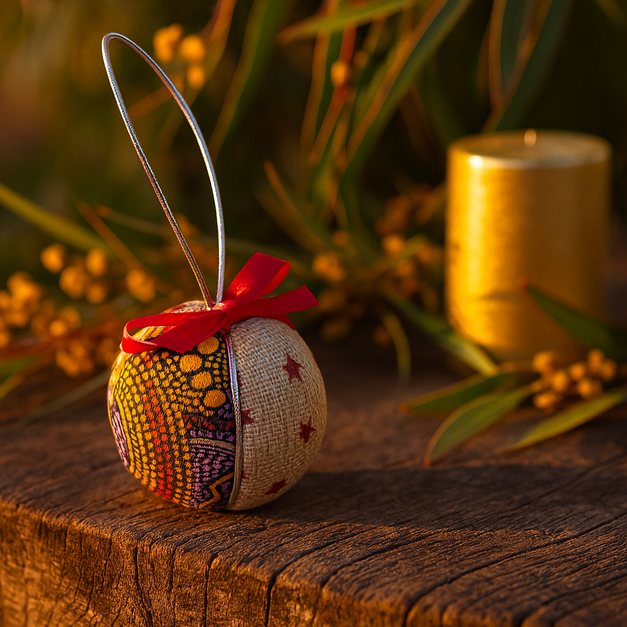 Handcrafted Aboriginal fabric Christmas bauble with gold and red tones, designed by Luxe & Humble. Photographed in warm Australian sunlight on a rustic timber surface.