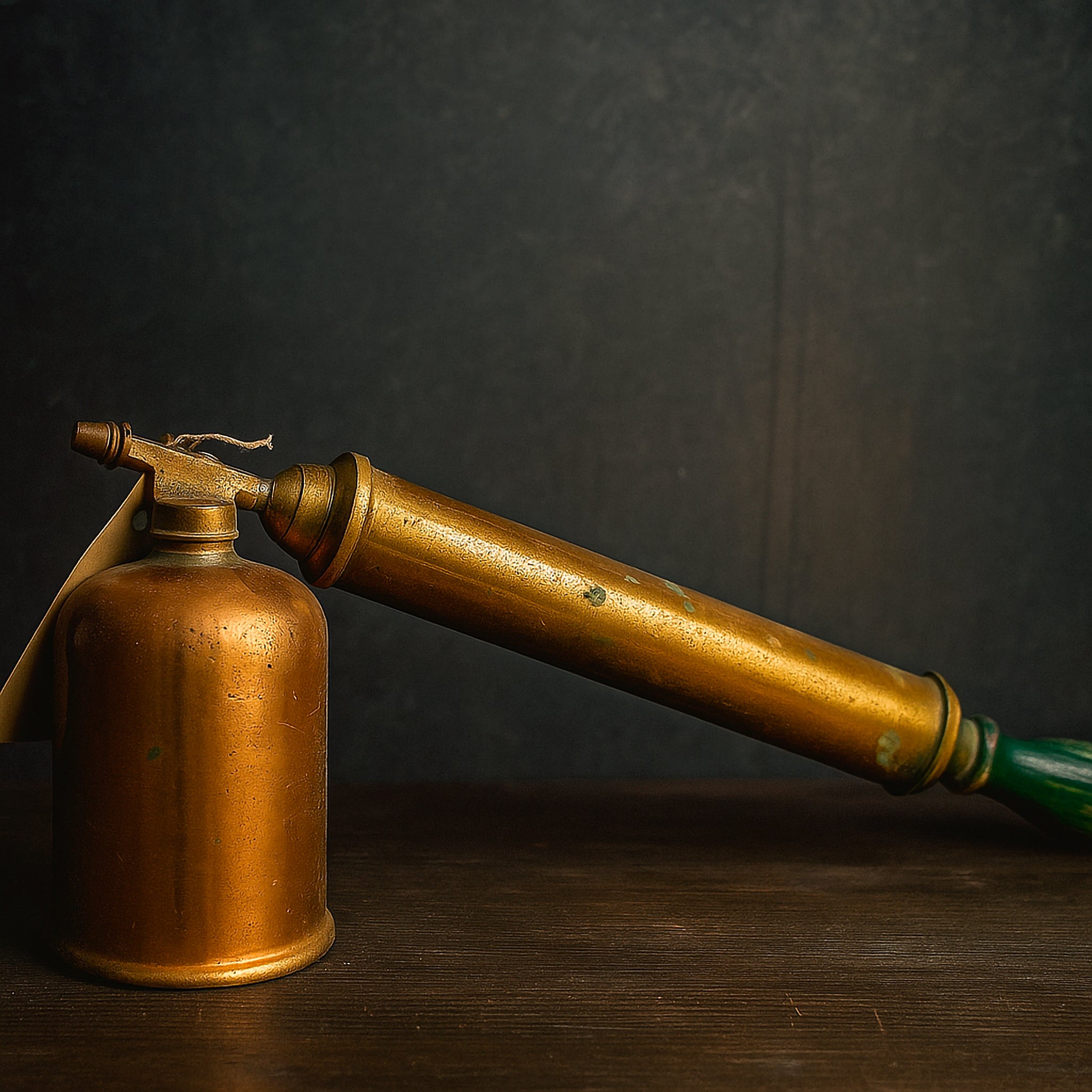 Vintage brass spray canister with wooden handle on dark background