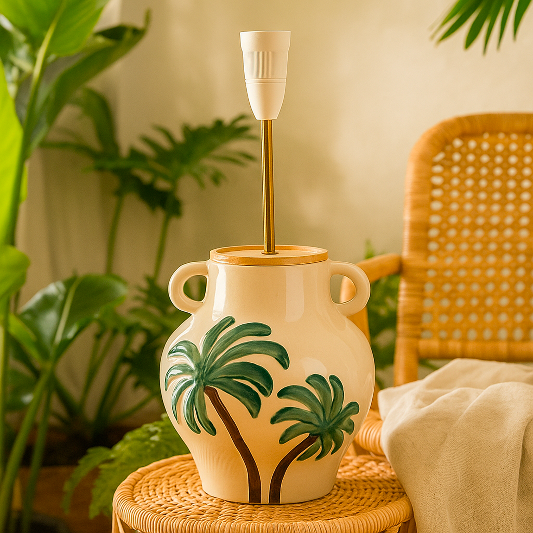 Australian made ceramic lamp base by B.Bailey Design Co., featuring hand-painted palm motifs, ivory glaze, twin handles, and brass stem fitting — styled in a relaxed tropical setting.