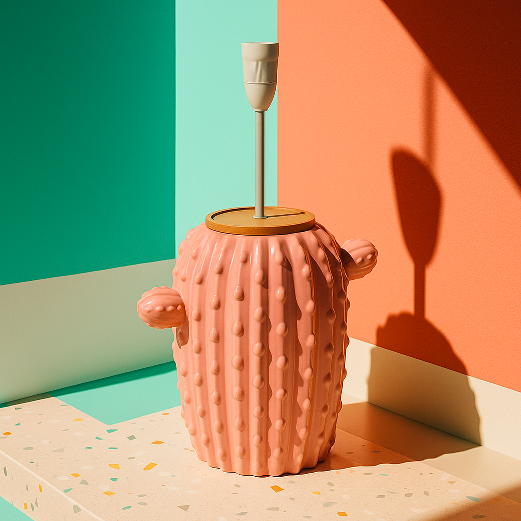 B.Bailey Design Co. Cactus Bloom Lamp Base featuring blush pink ceramic cactus design with textured ridges and brass fitting, styled in a retro-inspired Australian interior.
