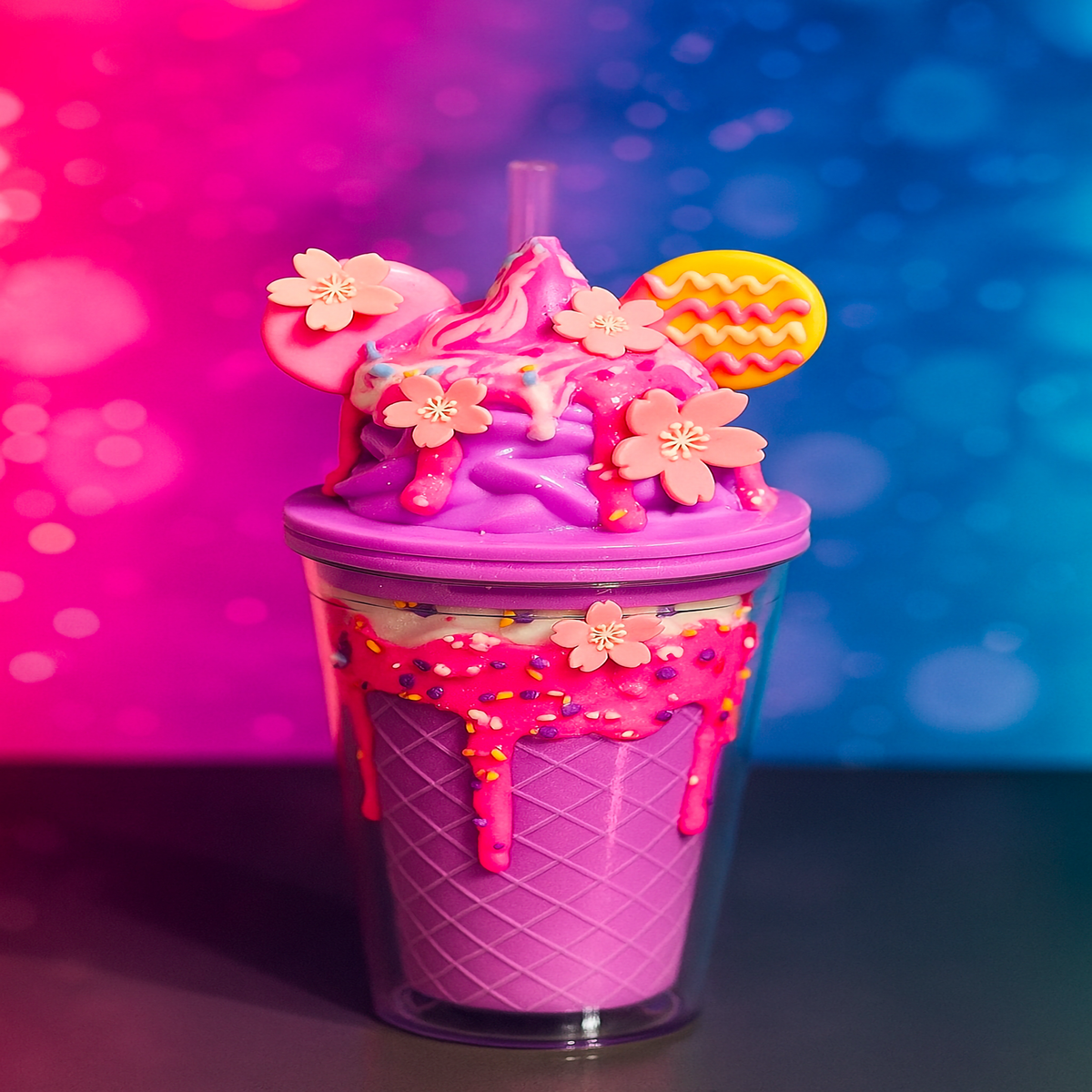 Bamba Blush and Bloom Sundae Tumbler with lavender waffle cone base, pink frosting drip, sprinkles, floral blossoms, pastel swirl topping, and cookie ears.