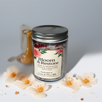 Bloom & Restore – Rose & Geranium Bath Salt by Luxe & Humble. Handcrafted Australian bath soak made with Epsom and Himalayan salts, real rose petals, and geranium botanicals. Styled with soft cream flowers and natural light for a modern Australian spa aesthetic.