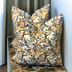 Handmade designer cushion featuring Blue Fairy-wrens perched among native branches. Luxe & Humble premium cushion with feather insert, available Australia-wide.