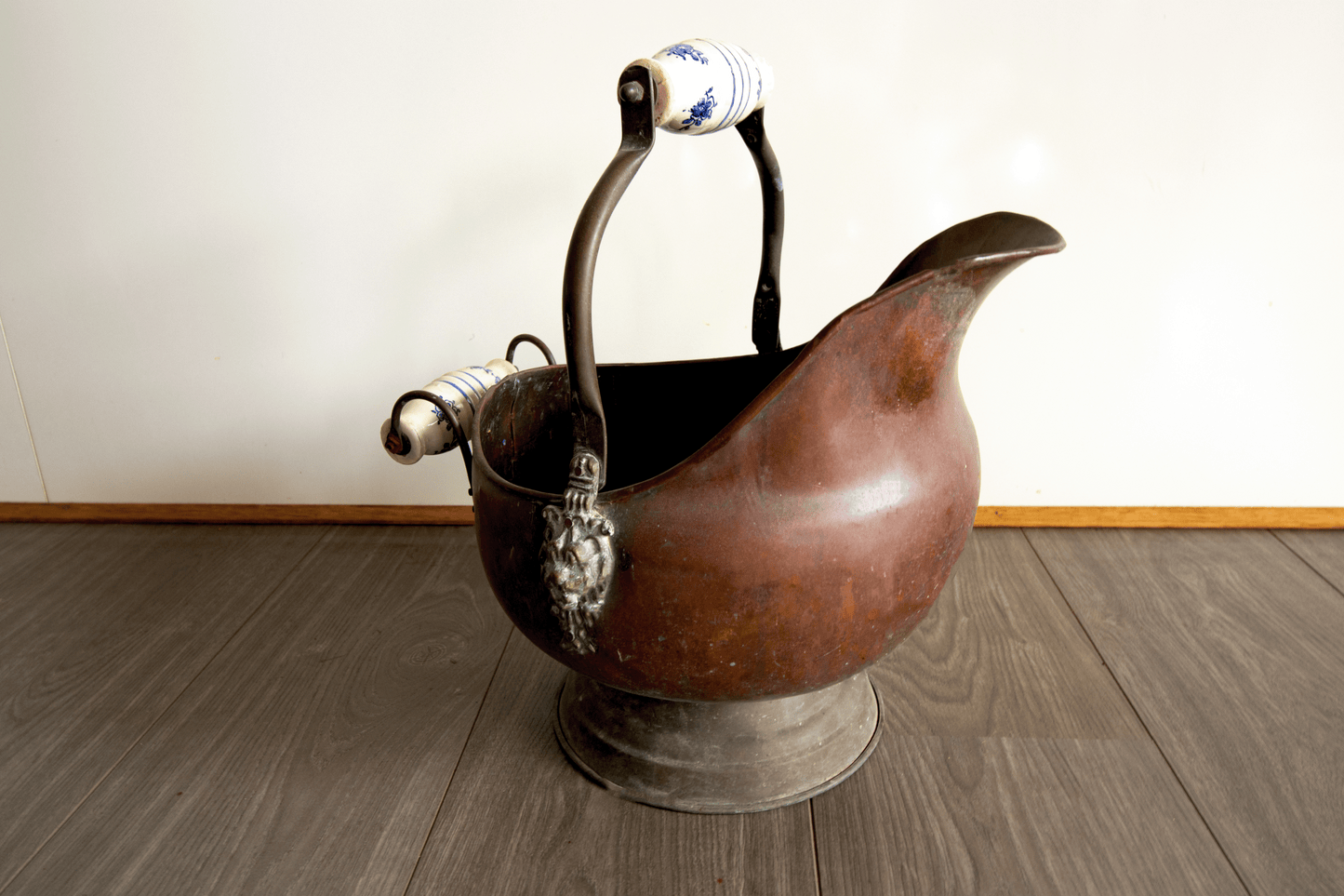 Antique Copper Coal Scuttle with Delft Porcelain Handles