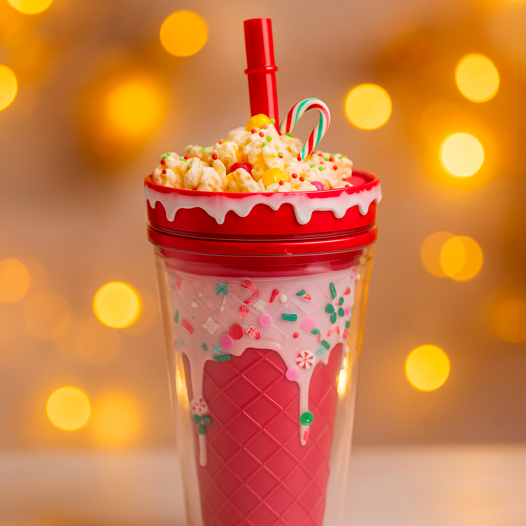 A Luxe & Humble Candy Cane Crunch Christmas Sundae Tumbler featuring whipped frosting, candy sprinkles, and a festive mini candy cane topper. Photographed with a warm golden bokeh background, this reusable 502ml tumbler captures the playful spirit of an Australian Christmas celebration.