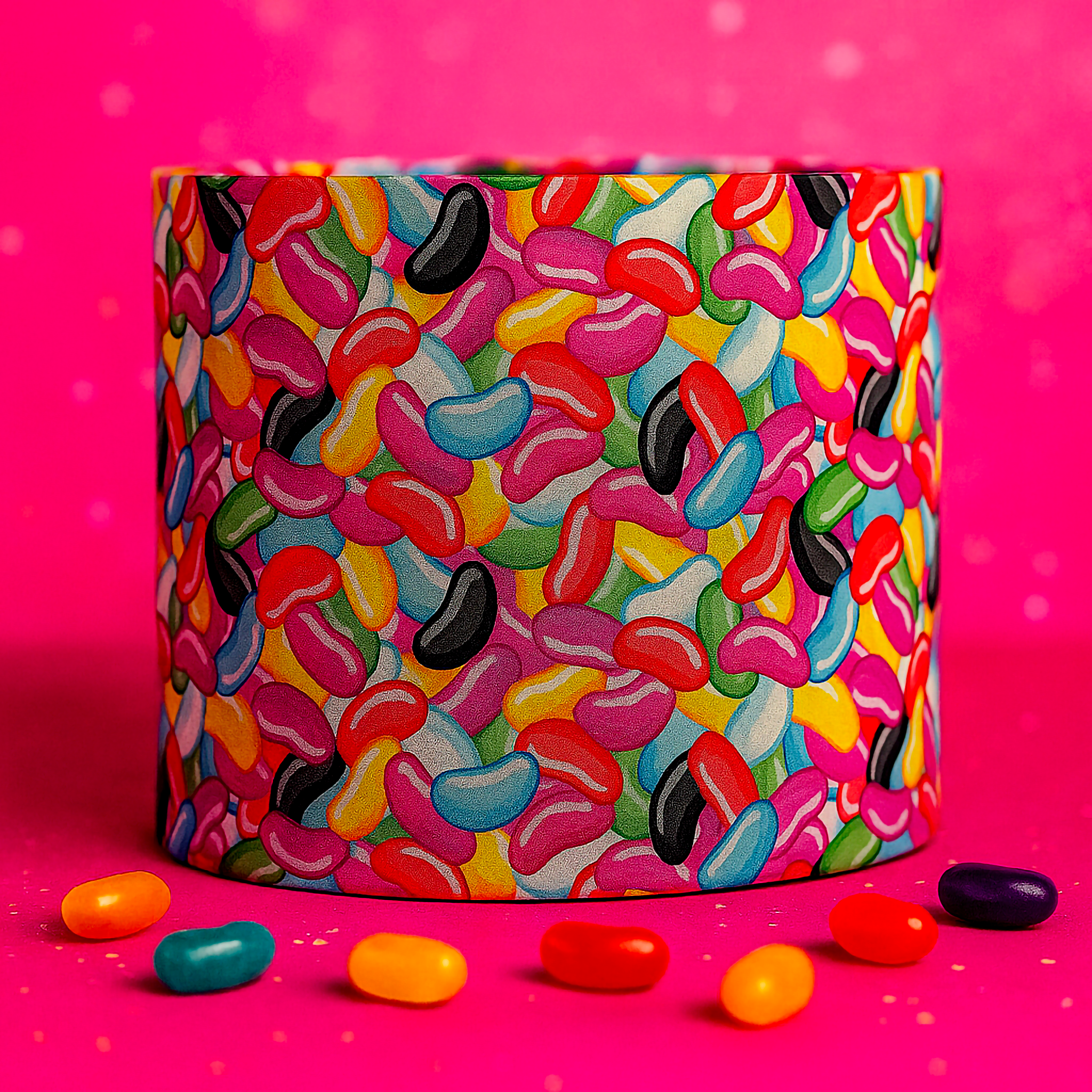 Handmade Candy Pop Jellybean Drum Lampshade by Luxe & Humble, a colourful 20cm x 20cm lamp shade with vibrant jellybean pattern – Australia-wide shipping.