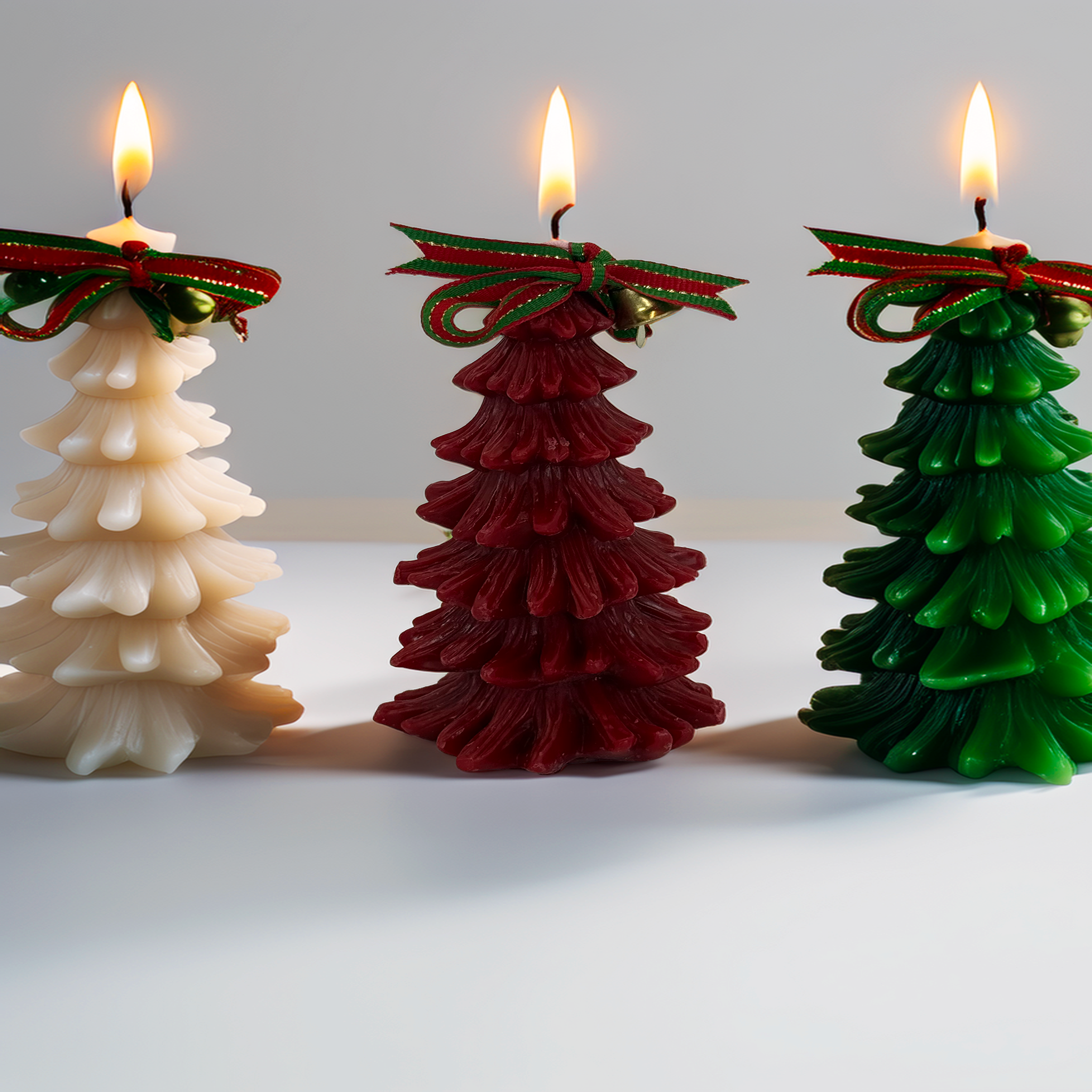 Three festive Christmas tree candles in white, red and green, each topped with a red and green ribbon and gold bell. Handmade style decorative candles photographed on a clean background. Perfect for Australian Christmas décor, gift boxes, and seasonal home styling by Luxe & Humble.”