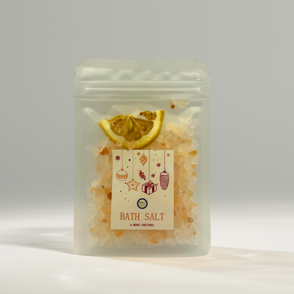 Citrus Glow Christmas Bath Salt pouch with Himalayan salts and dried lemon slice — handmade Australian festive bath product by Luxe & Humble.