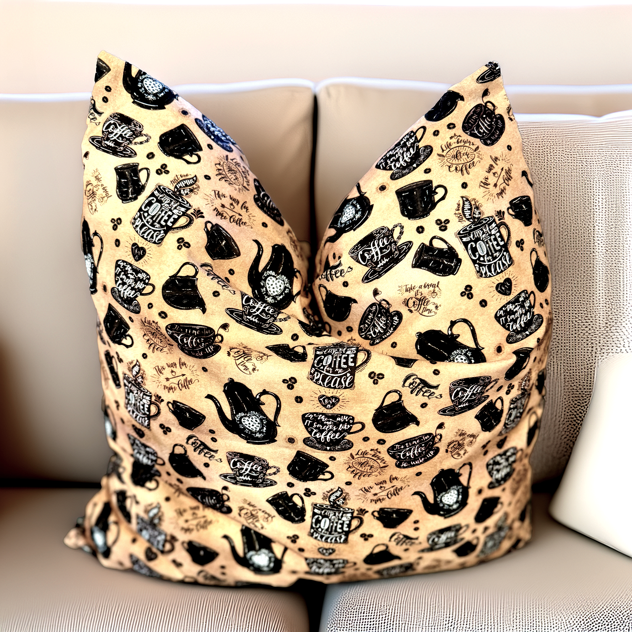 Handmade designer cushion featuring the “Coffee Please” coffee-inspired print with mugs and teapots. Luxe & Humble cushion with feather insert, available Australia-wide.
