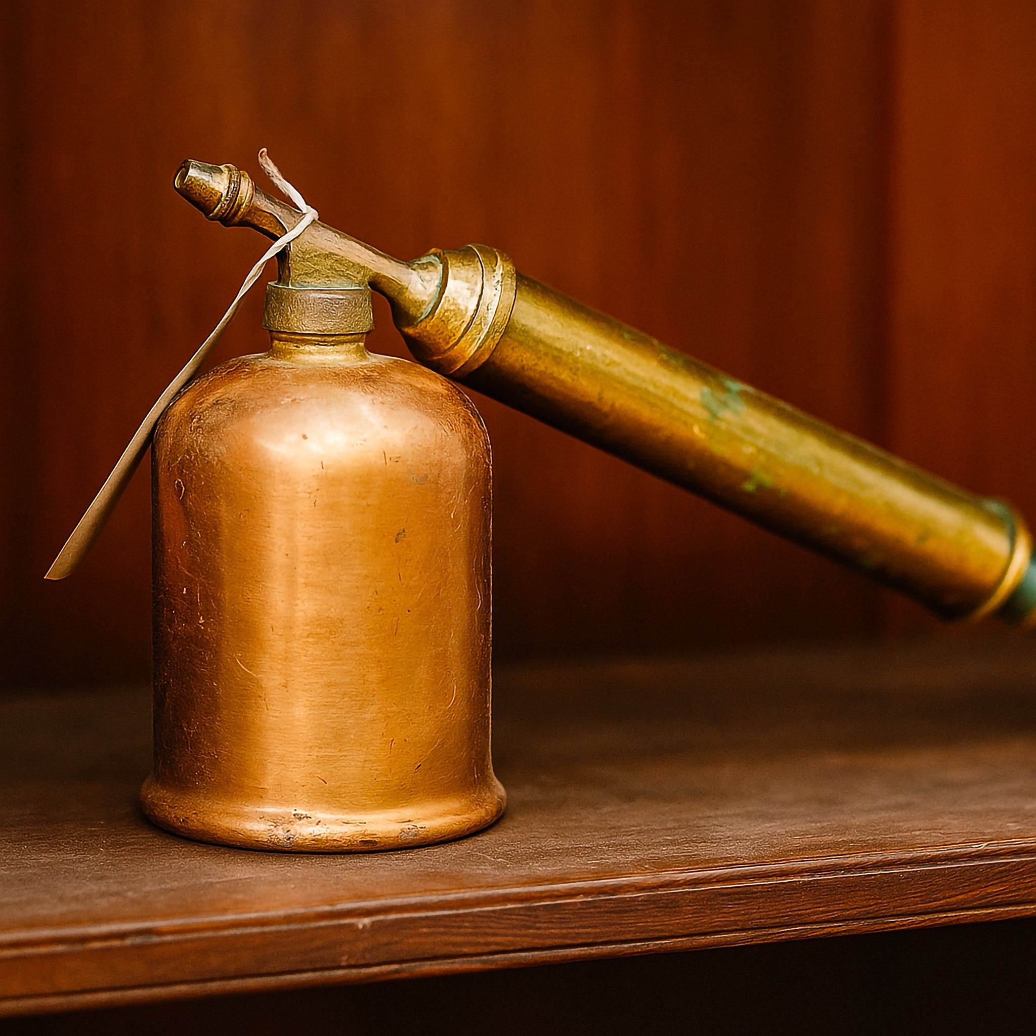 Close-up of vintage brass canister sprayer for home decoration