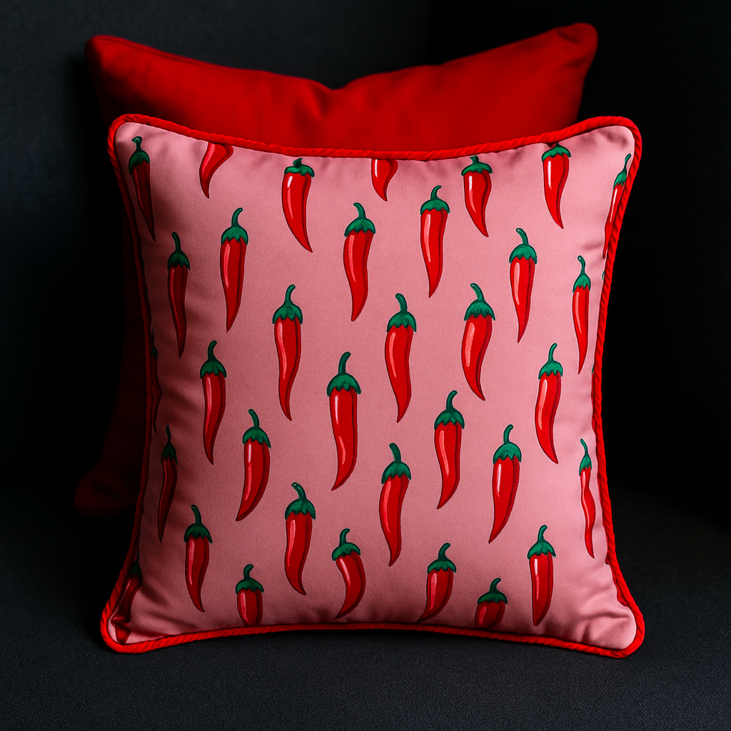 Bespoke 50 x 50 cm cushion with bold chili pepper print on pink fabric

Square cushion featuring red chili pepper pattern with red piping trim

Playful chili pepper cushion styled on dark sofa with vibrant red accents