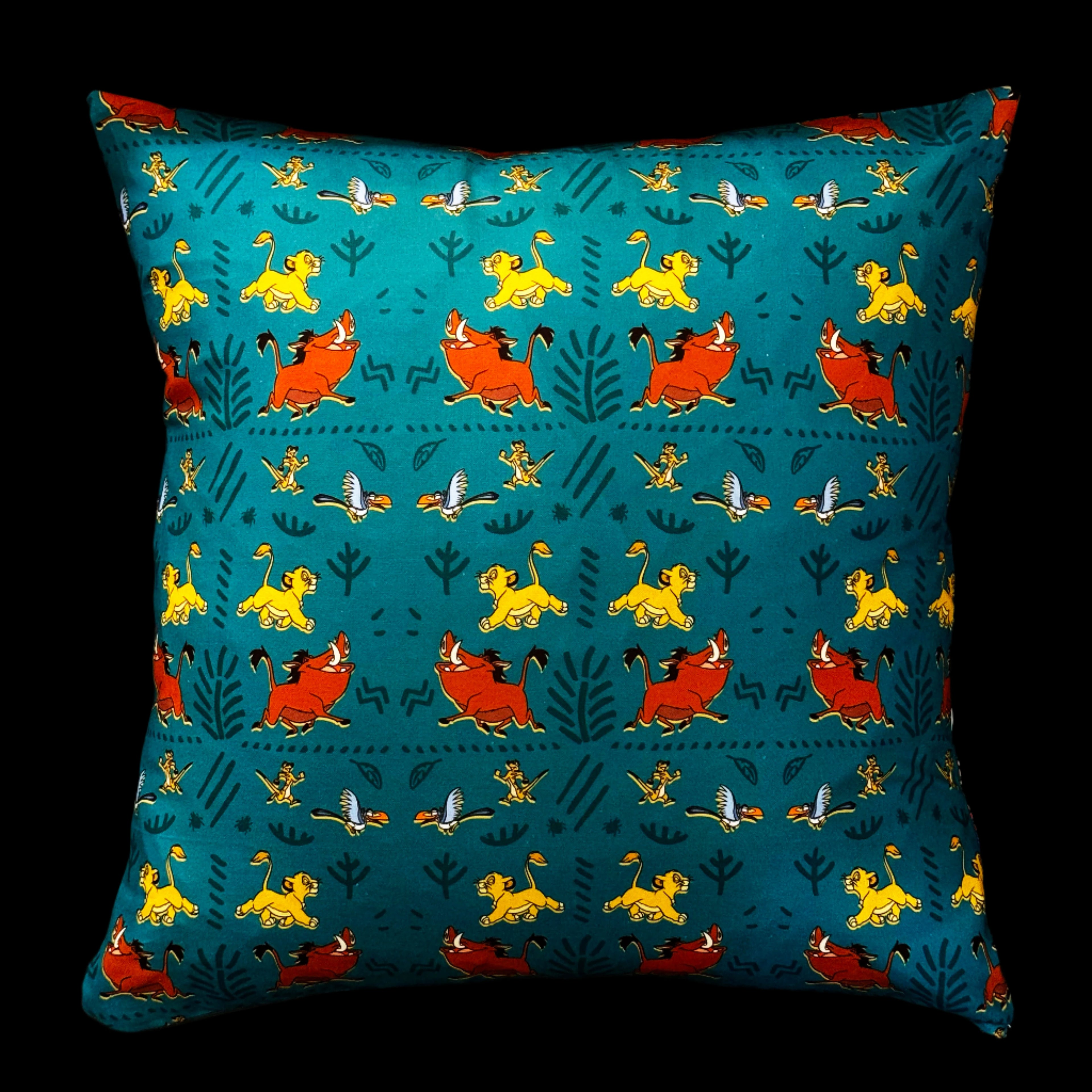 Decorative pillow with cartoon lion king pattern on teal background