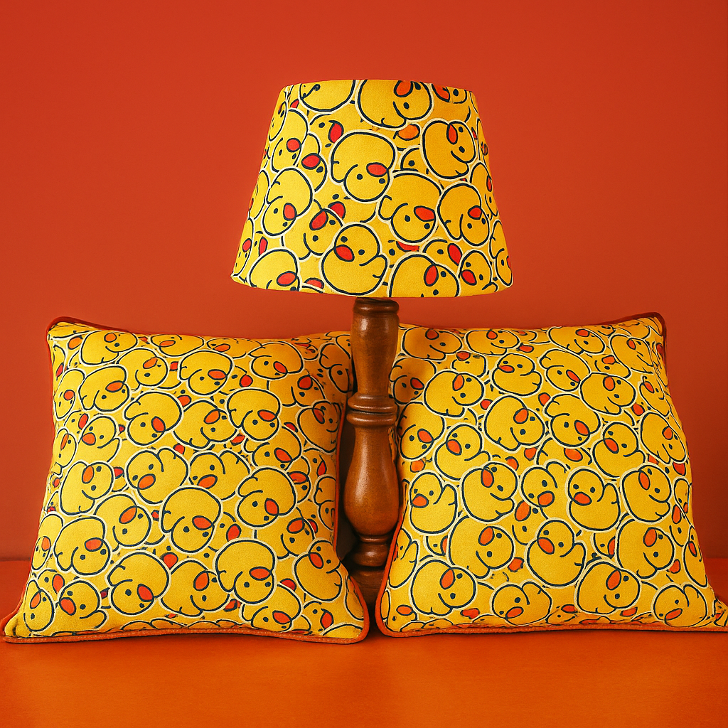 Luxe and Humble’s Duckie collection featuring a pillow pair and empire lampshade set in bright yellow with playful duck patterns. A bold, modern décor accent styled against a warm orange backdrop, perfect for adding cheerful character to any living space.